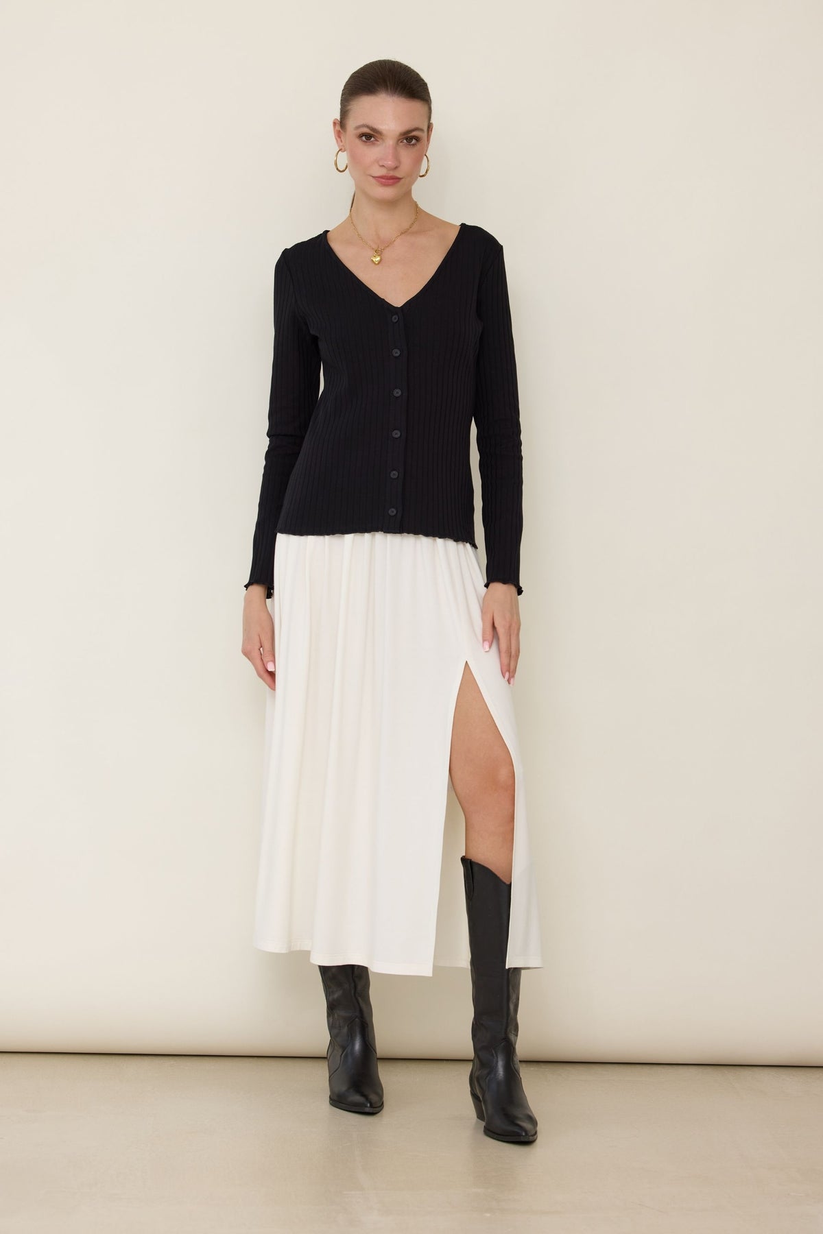Black V-neck button-down blouse