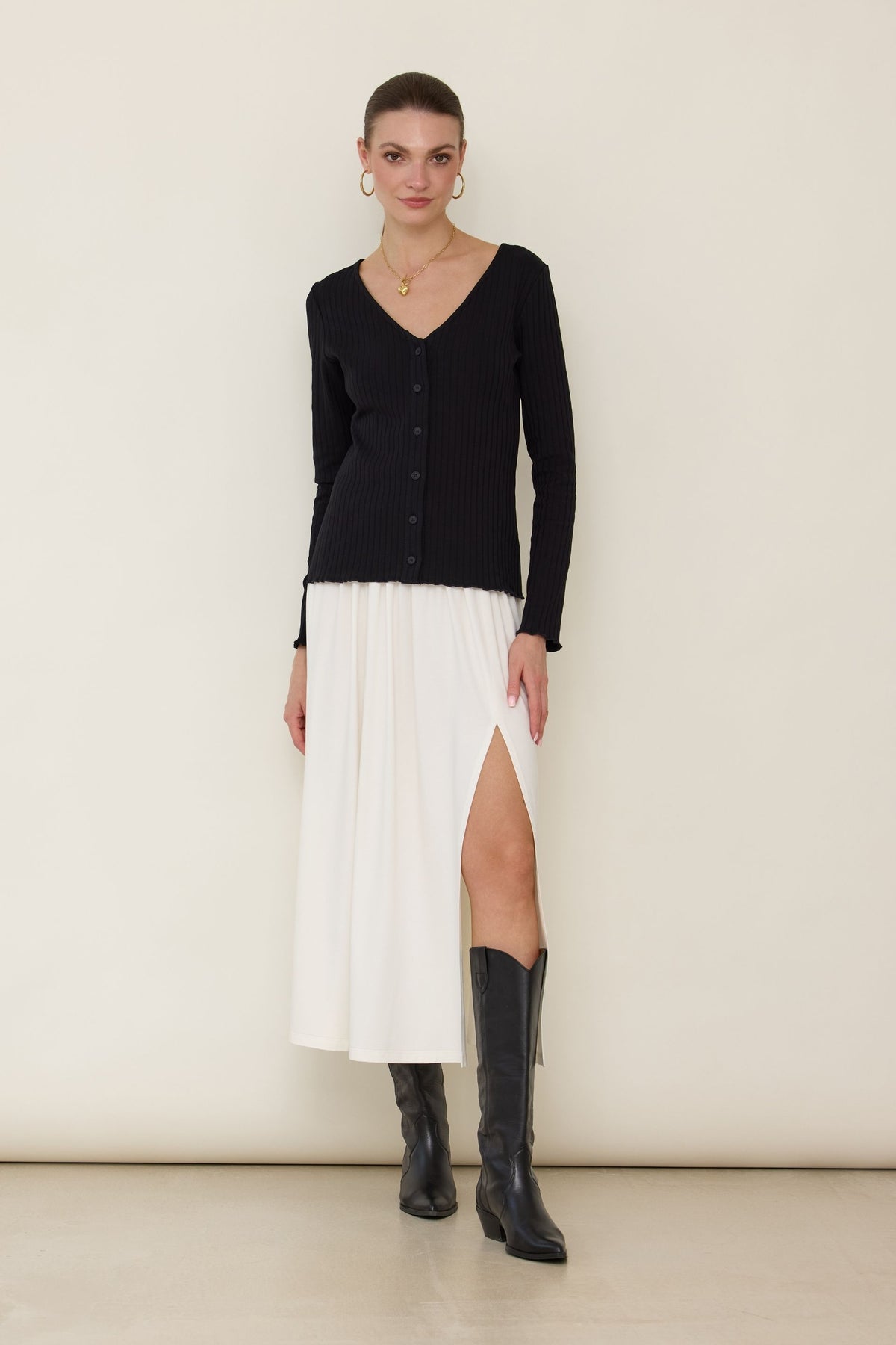 Black V-neck button-down blouse