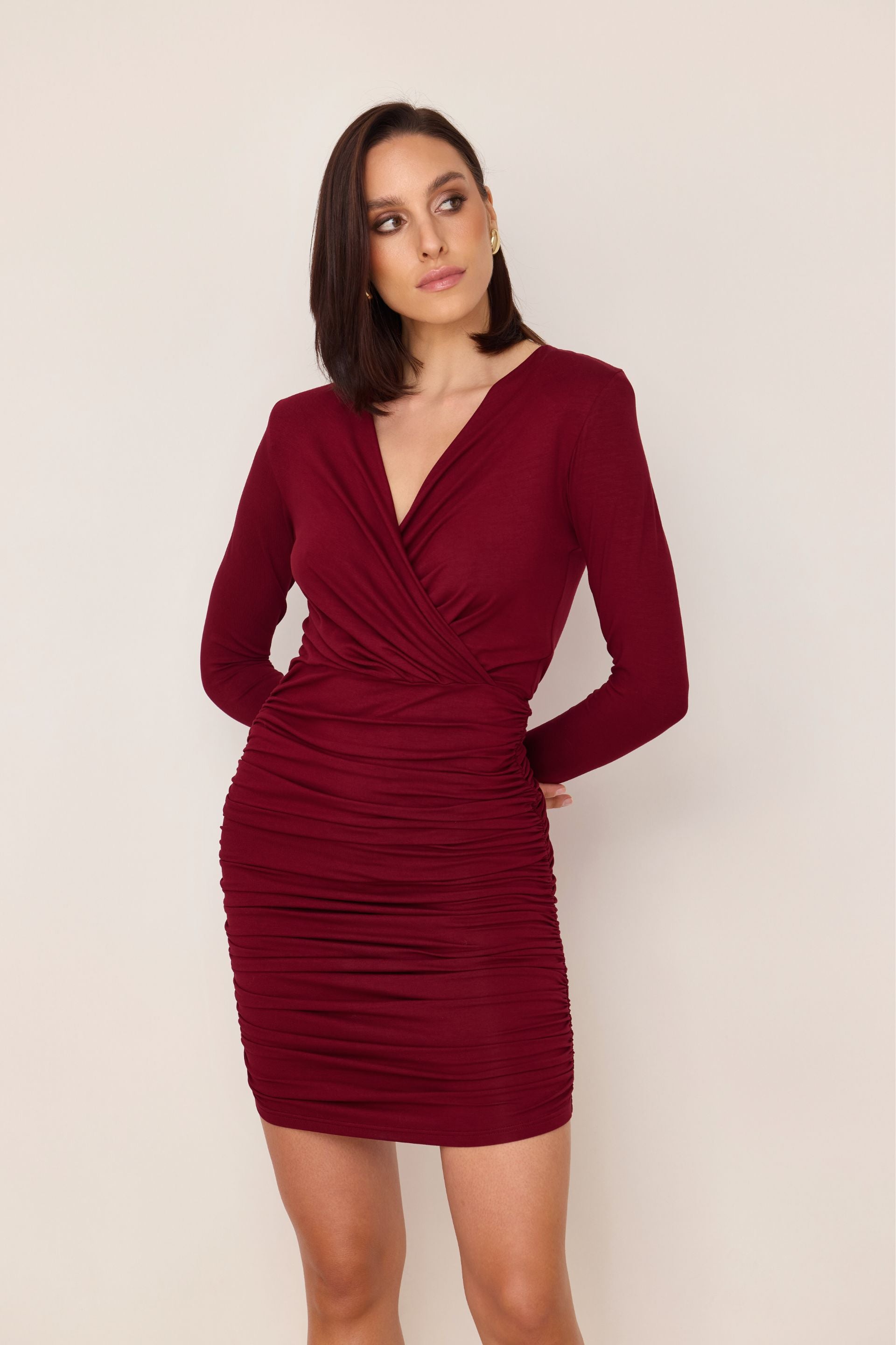 Burgundy wrap dress with draping