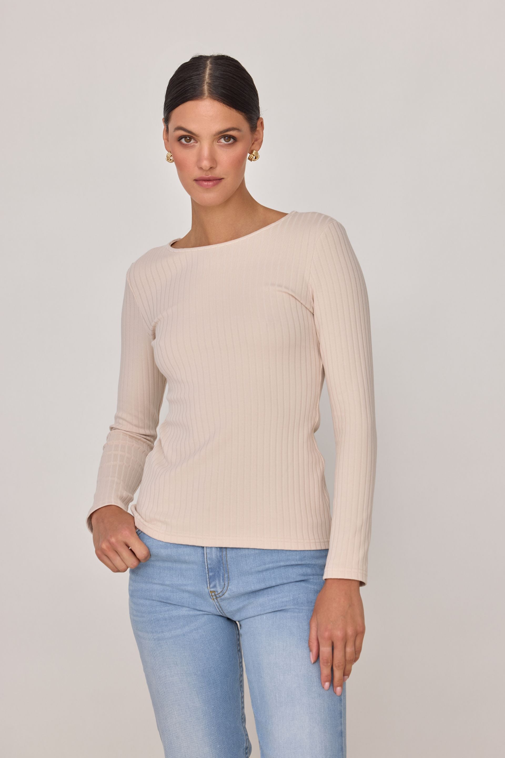 Longsleeve w szerszy prążek beżowy