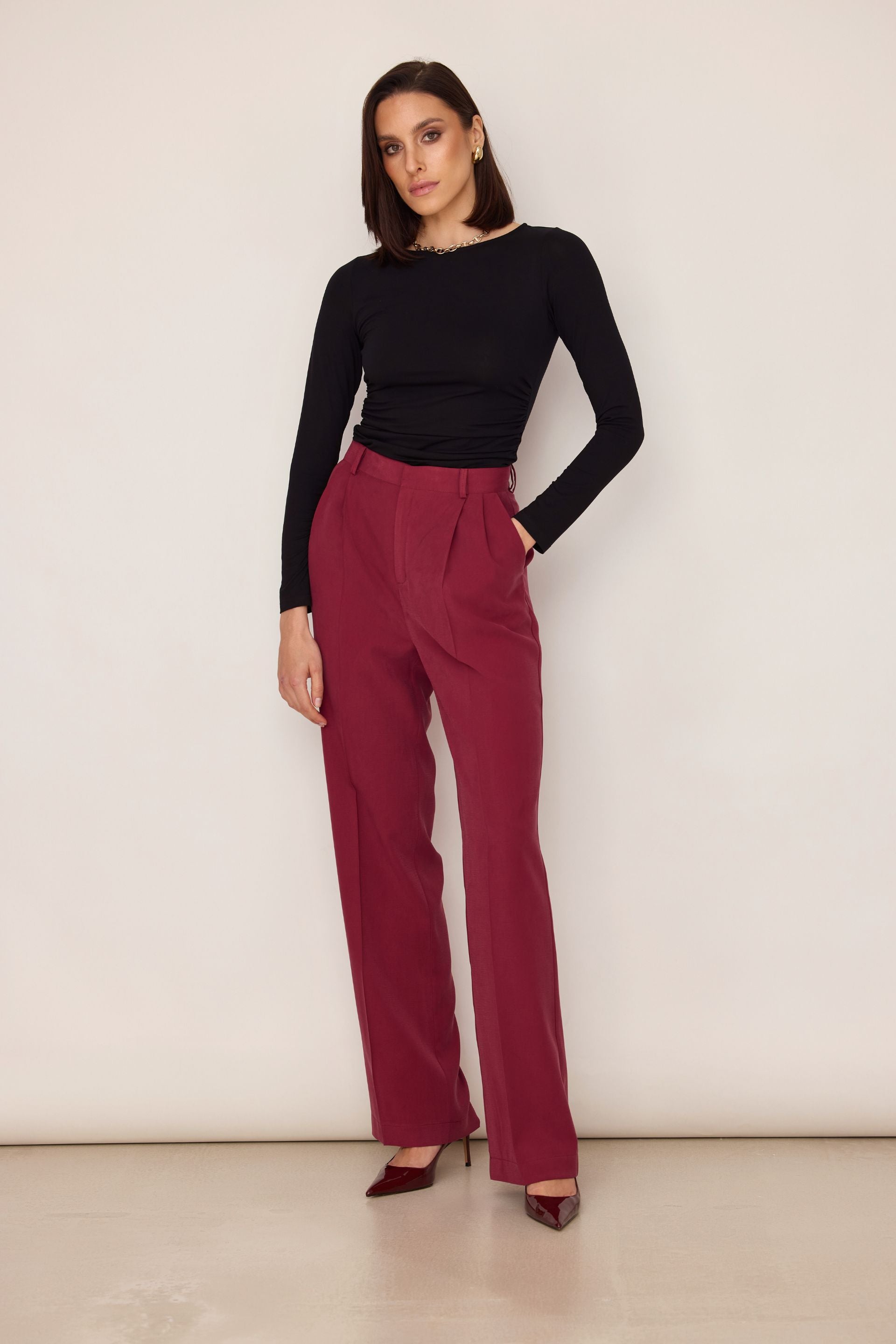 Spodnie z szeroką nogawką bordowe