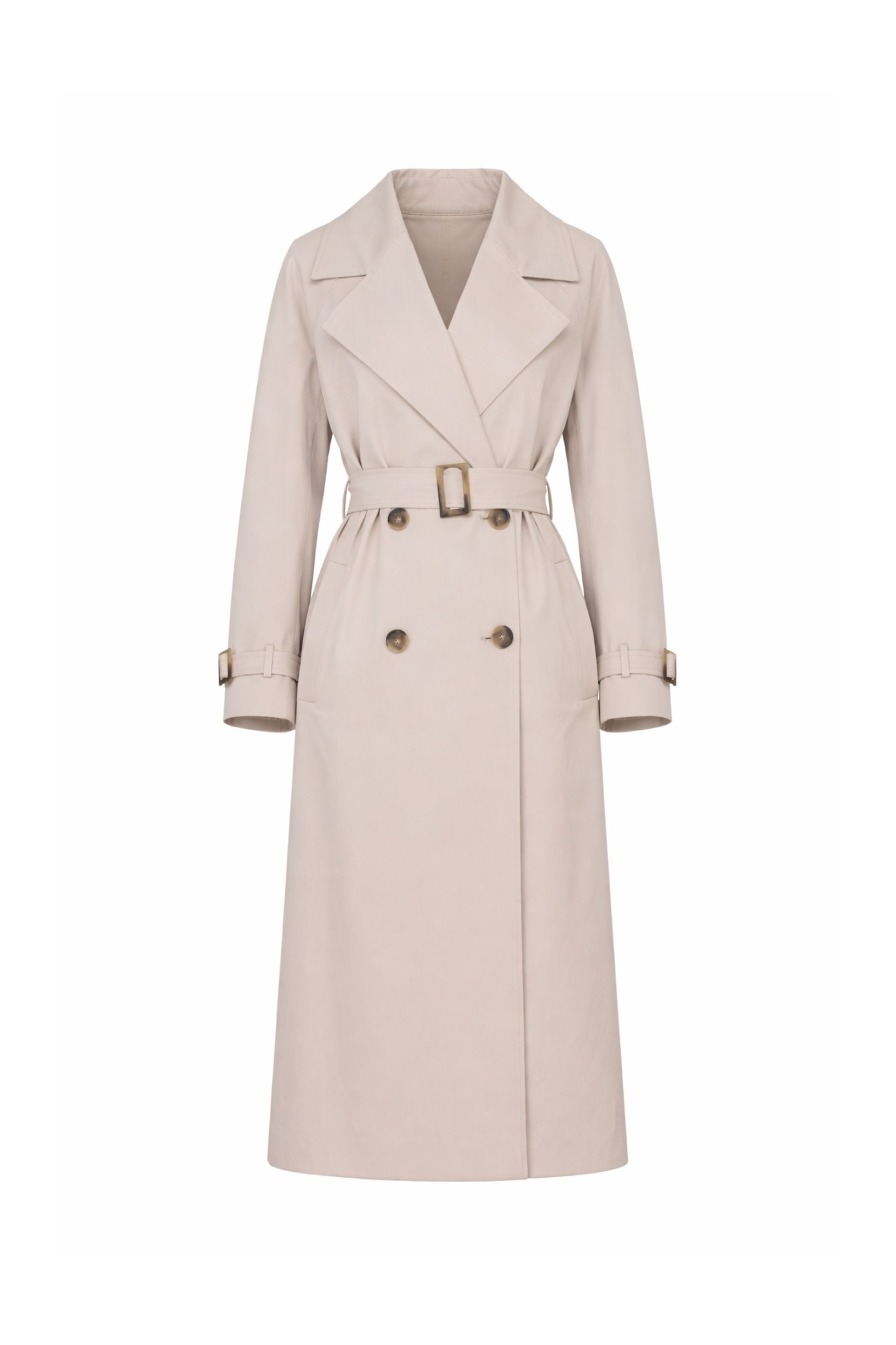 Długi dwurzędowy trencz piaskowy beż