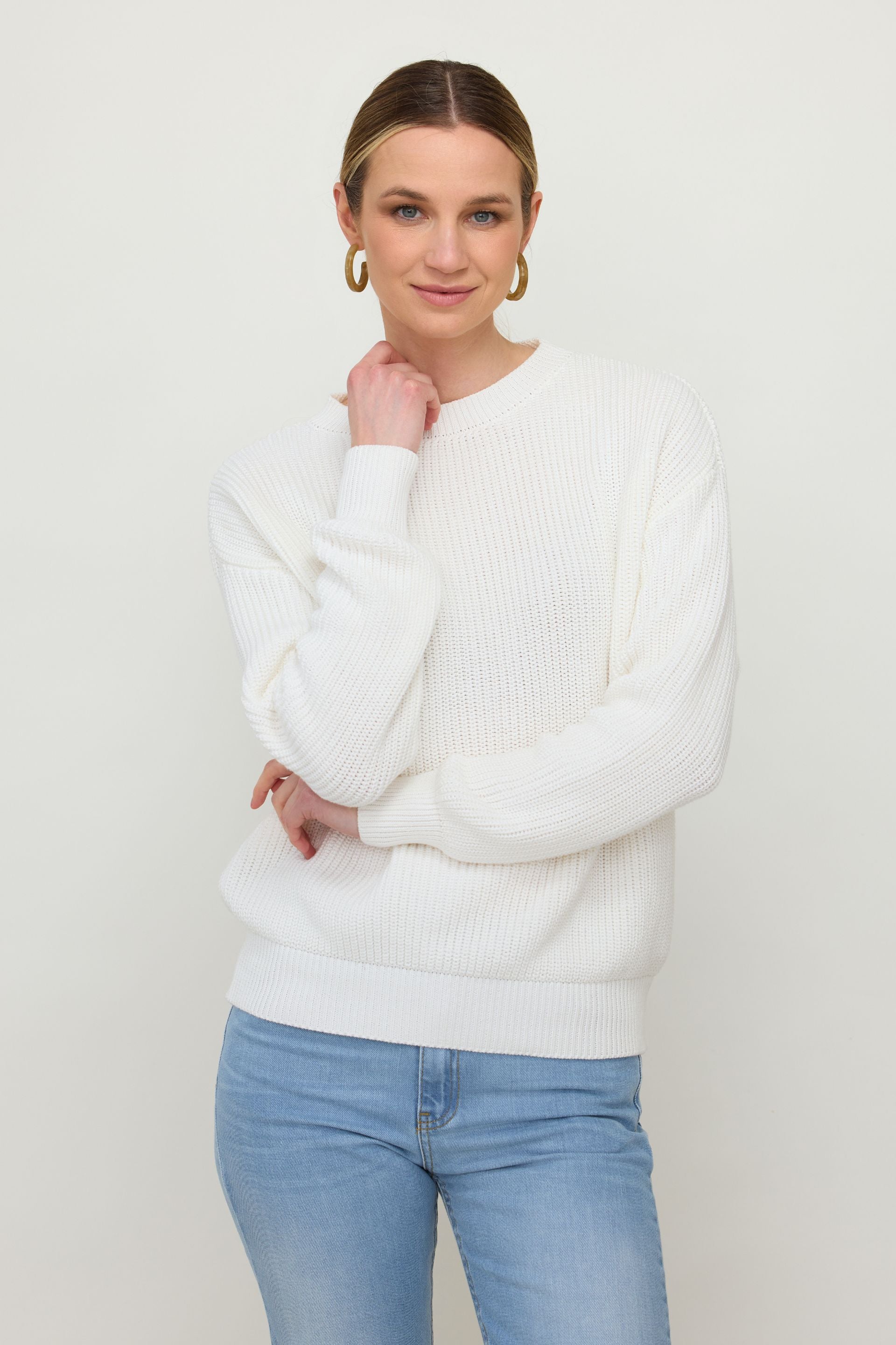 Bawełniany sweter z okrągłym dekoltem krem