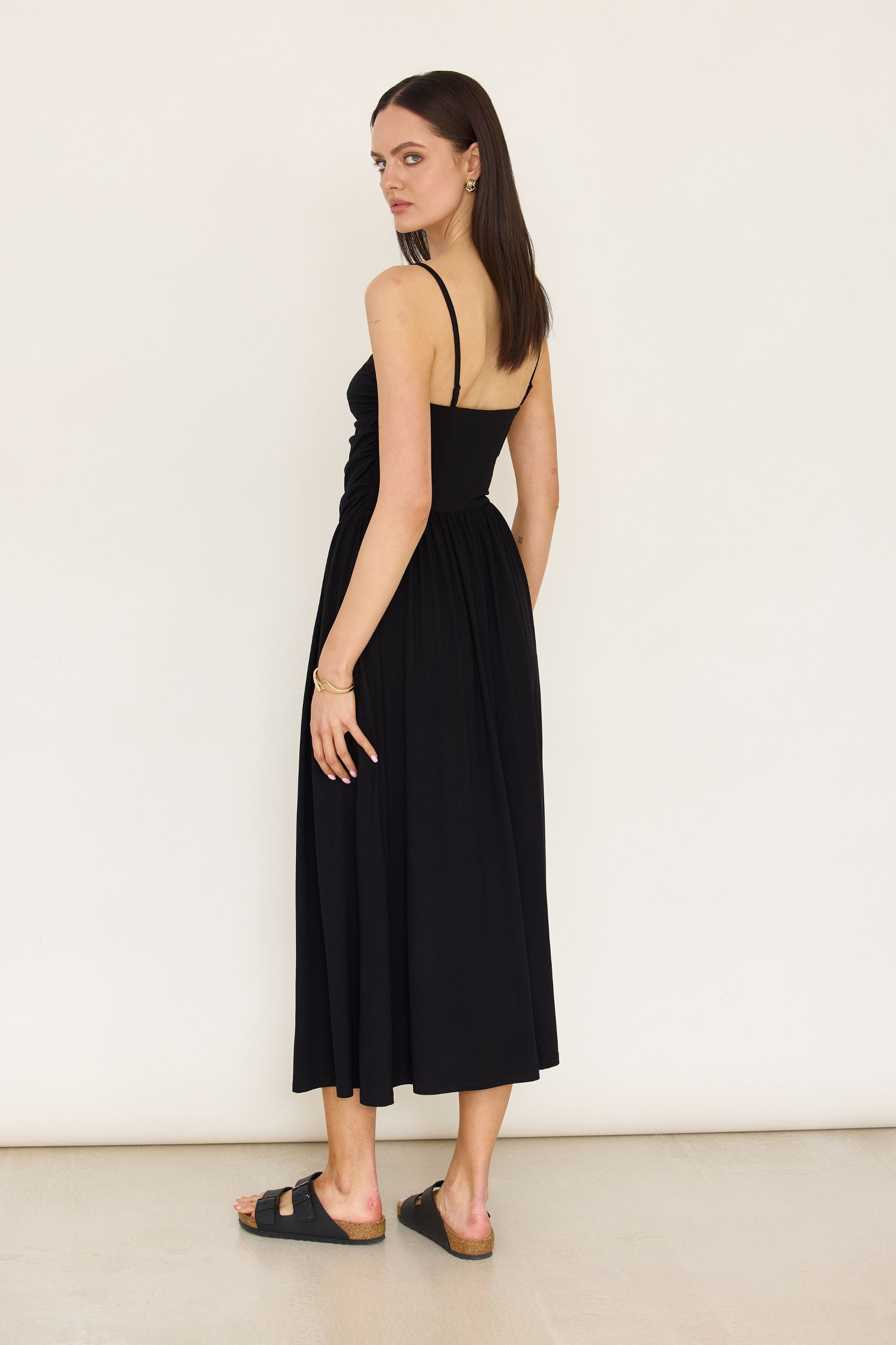 Ruched dress with detachable straps, black