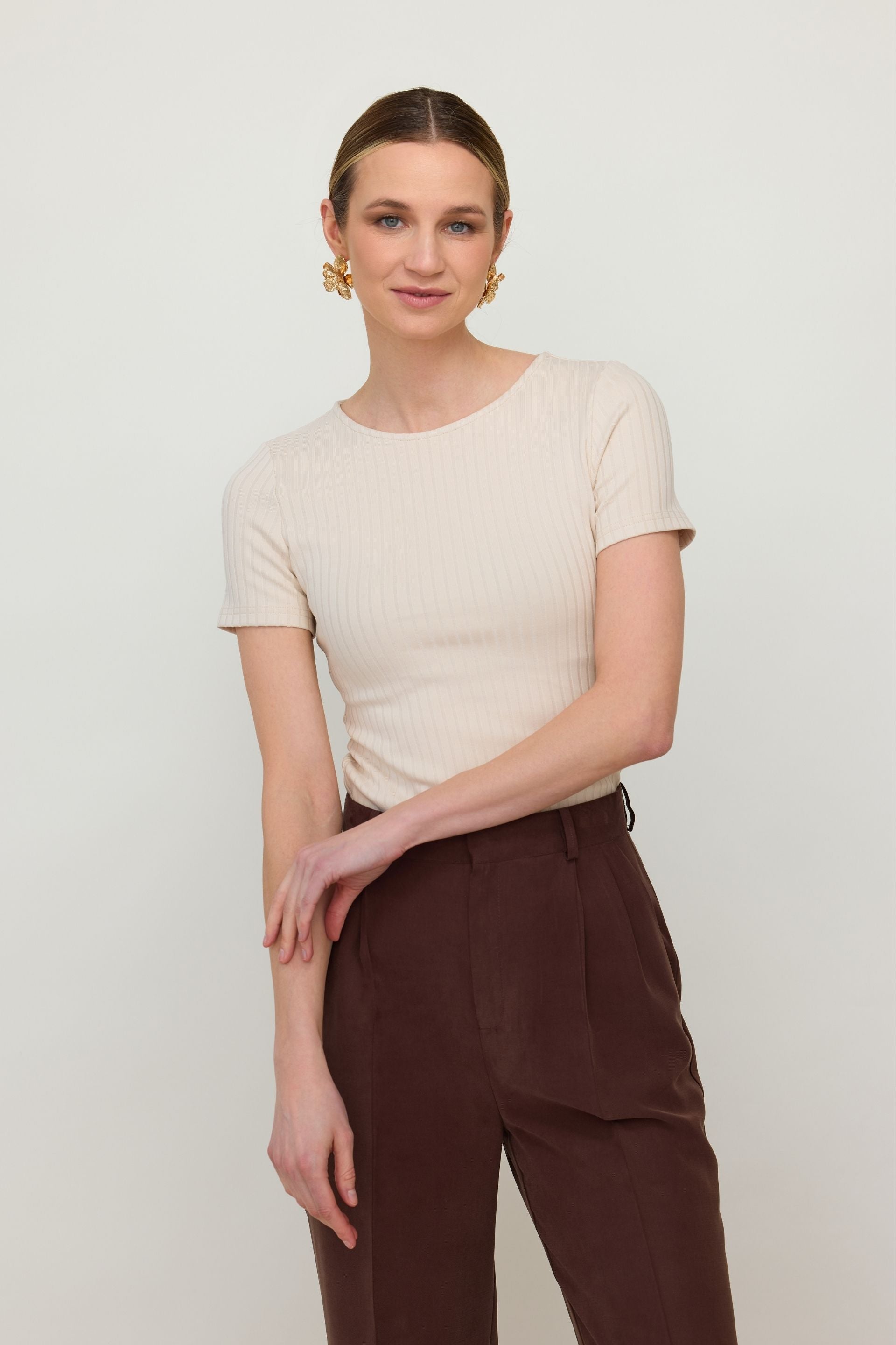 Bluzka z prążkowanej bawełny beżowa