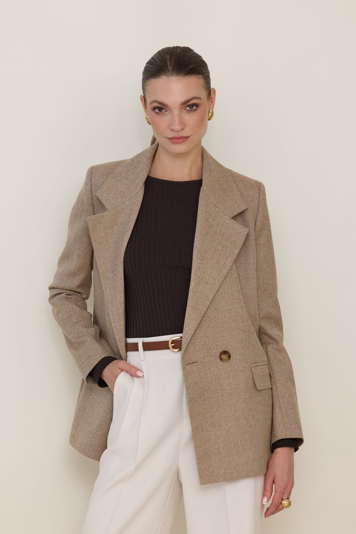 Beige double-breasted herringbone merino wool jacket