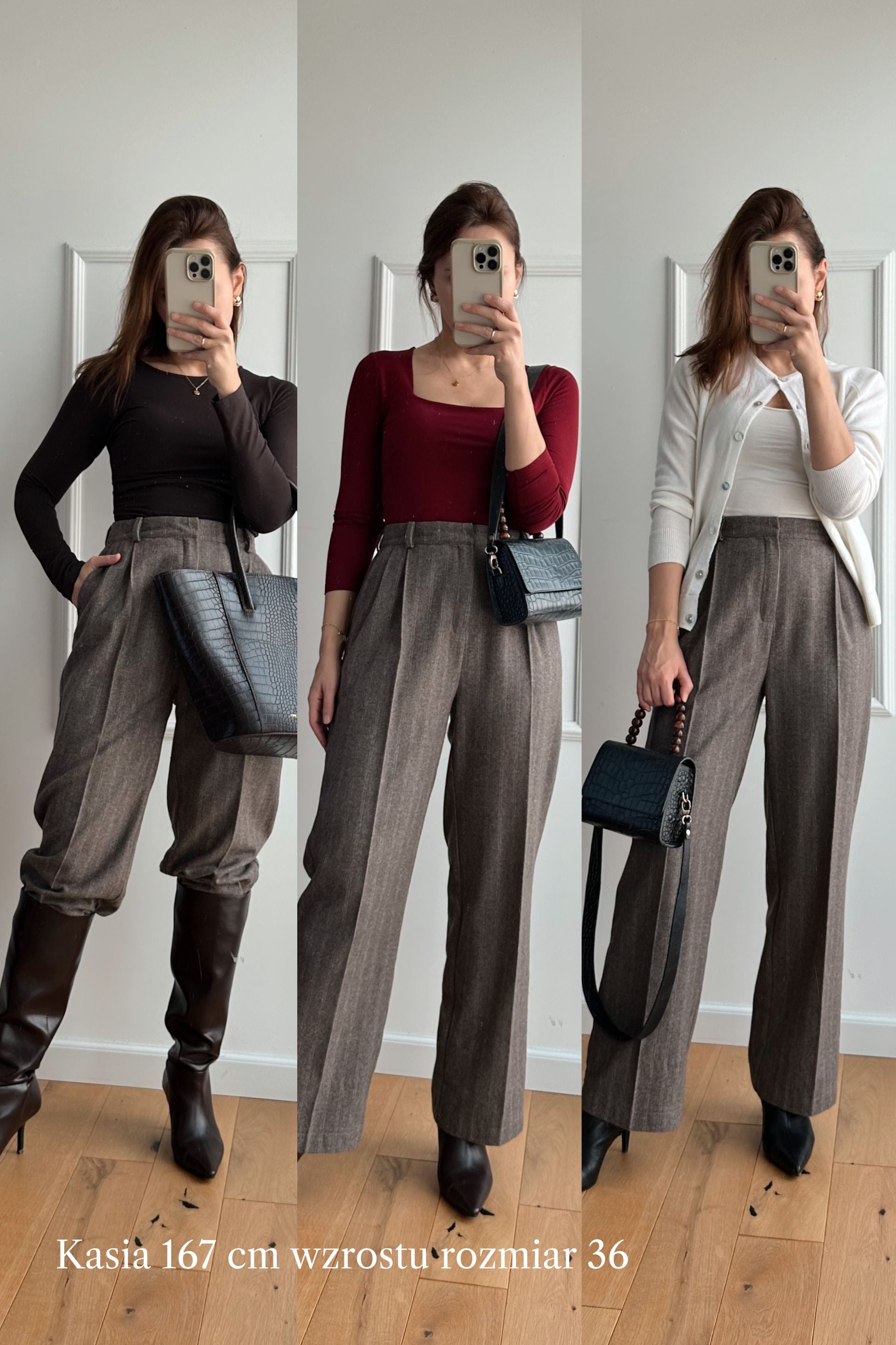 Wełniane spodnie w paski z zakładkami czekoladowe