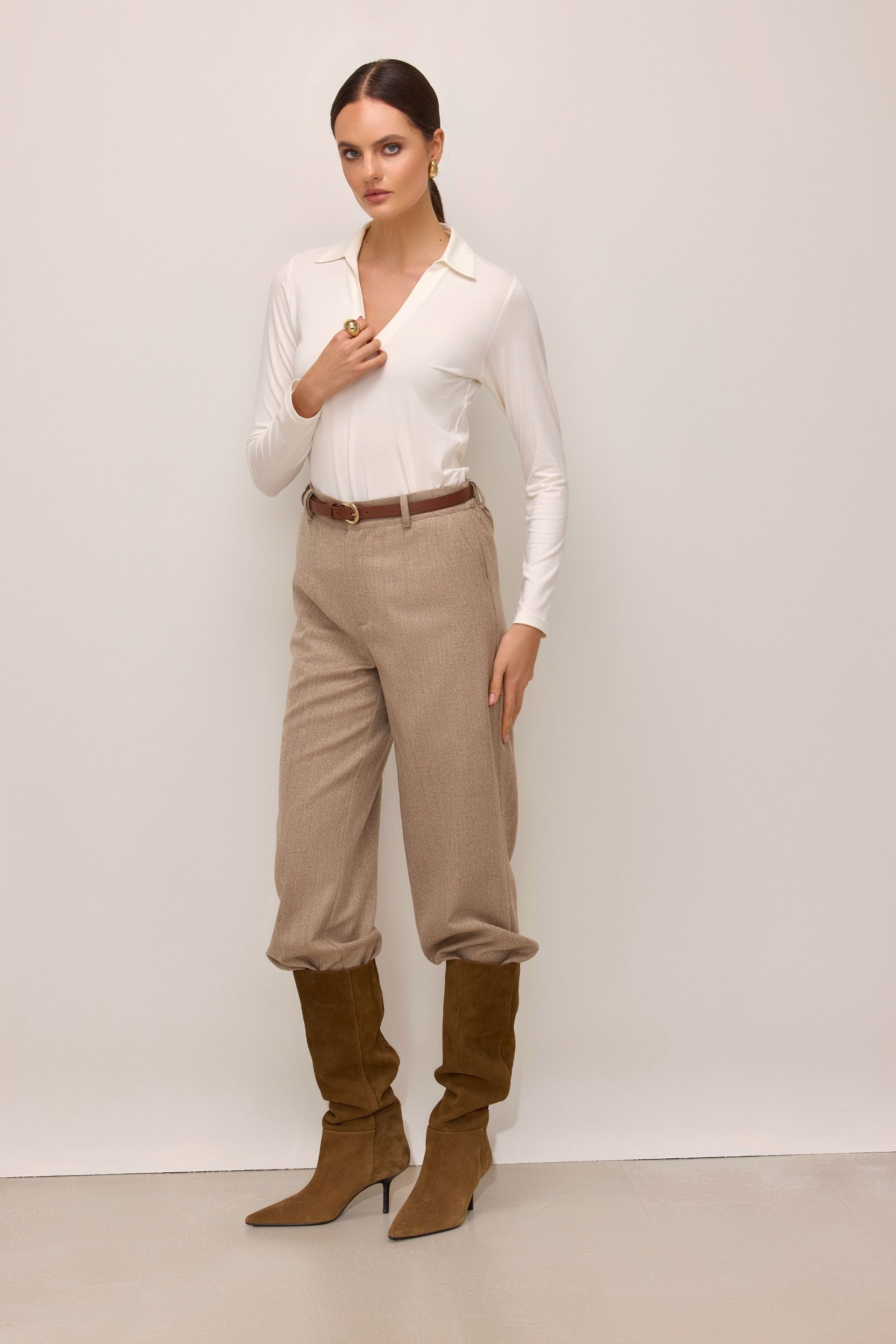 Cream white long sleeve polo shirt