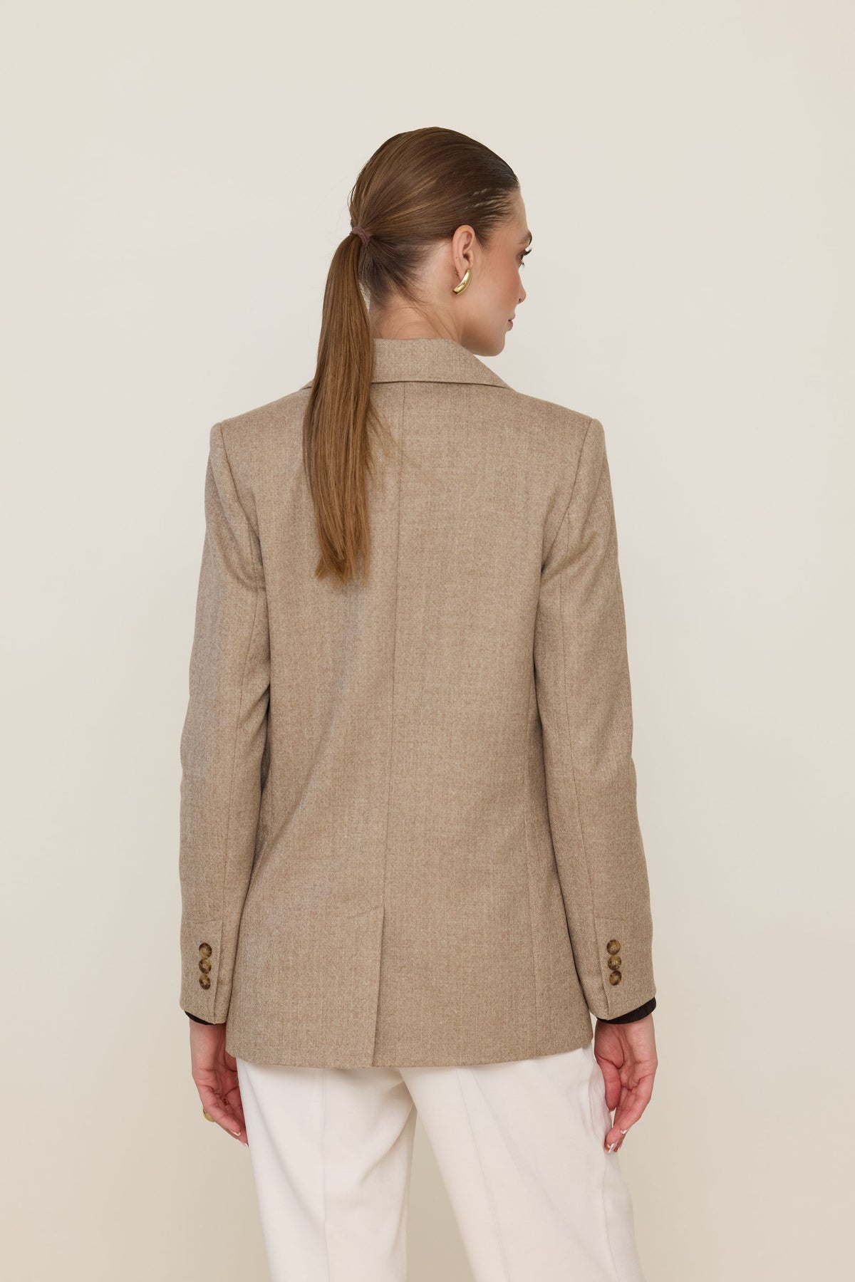 Beige double-breasted herringbone merino wool jacket