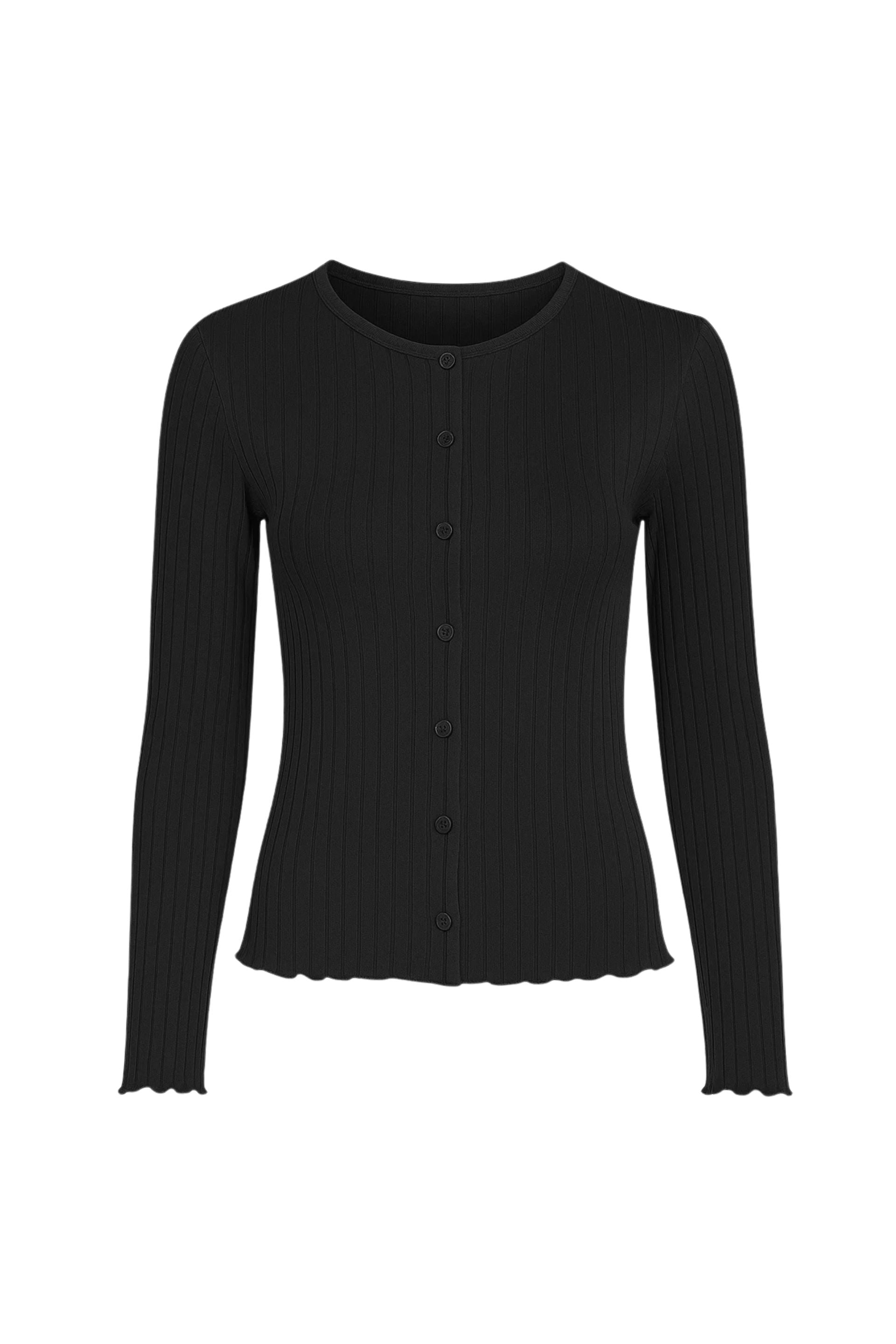 Bluzka na guziki z dekoltem basic w szerszy prążek czarna