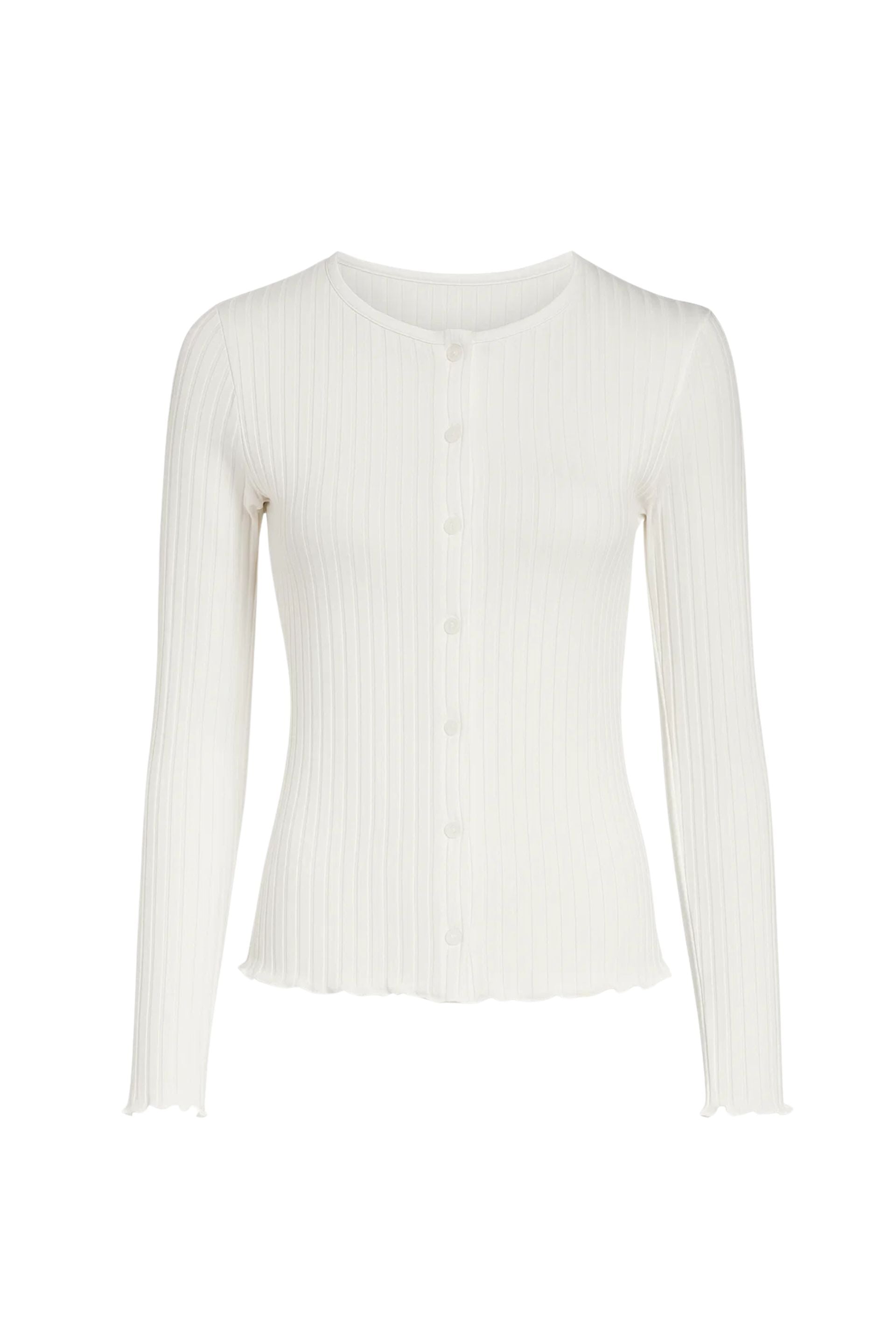 Bluzka na guziki z dekoltem basic w szerszy prążek śmietankowa biel