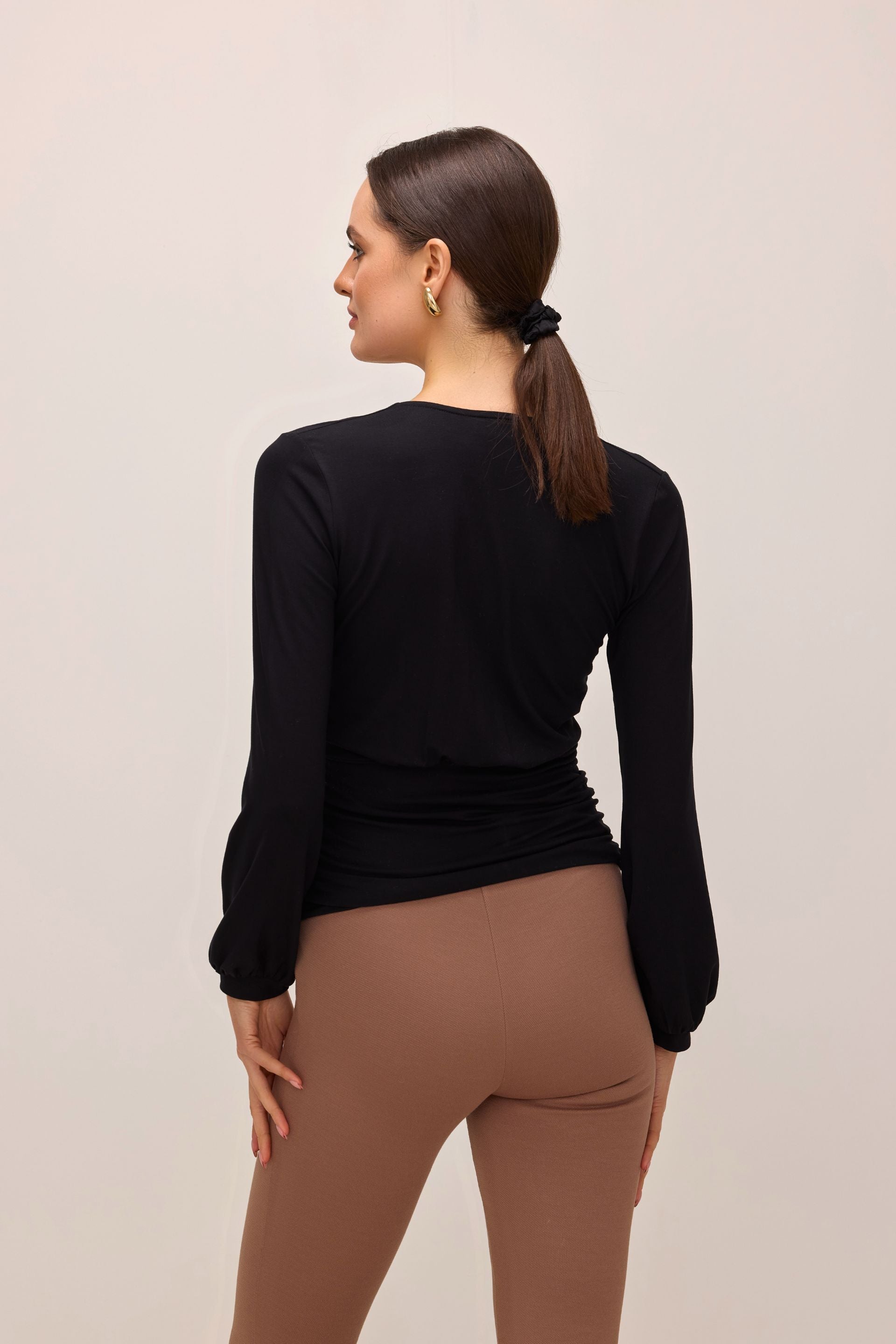 Elegant black micromodal wrap blouse