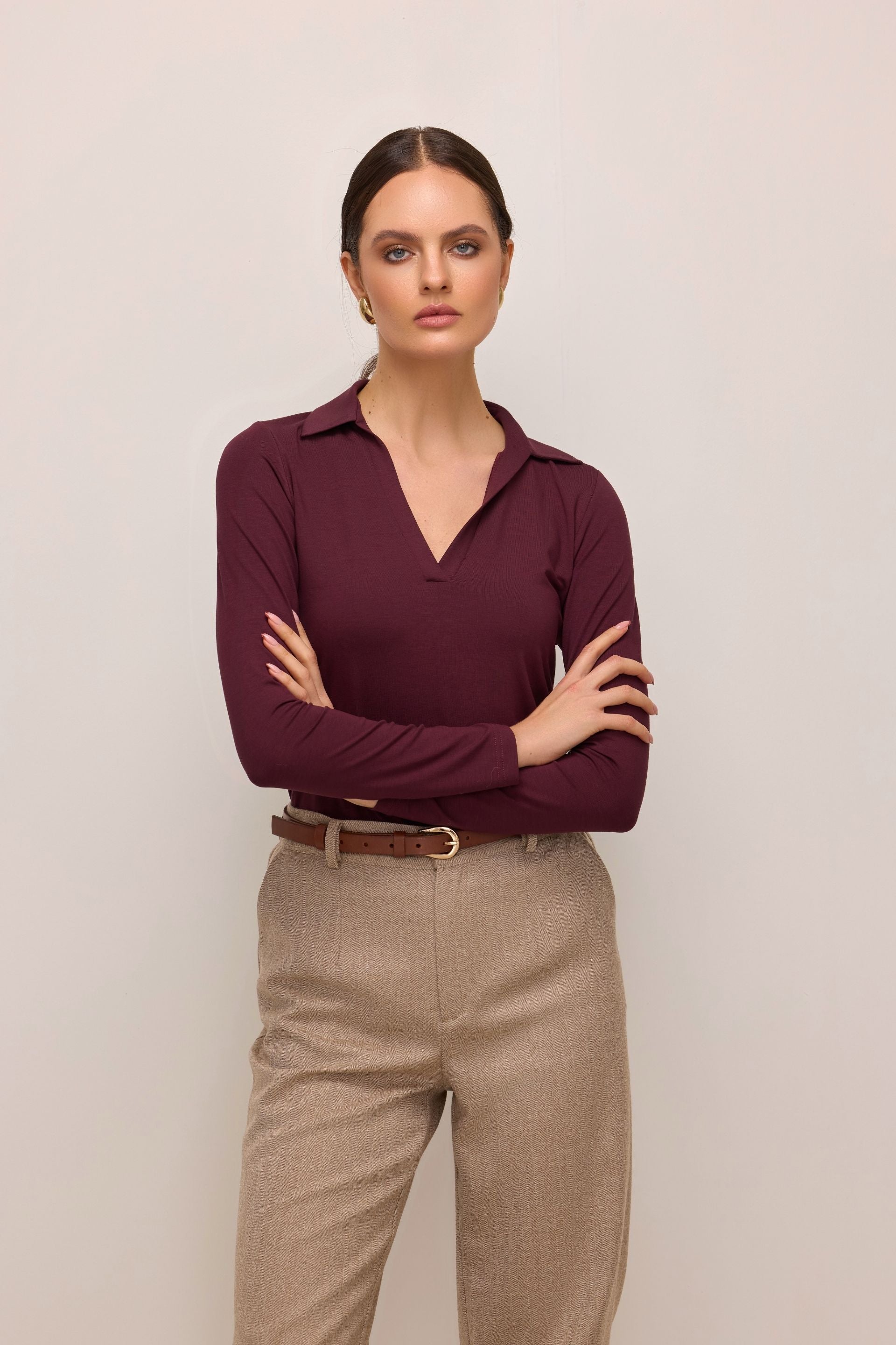 Bluzka polo z długim rękawem wiśnia