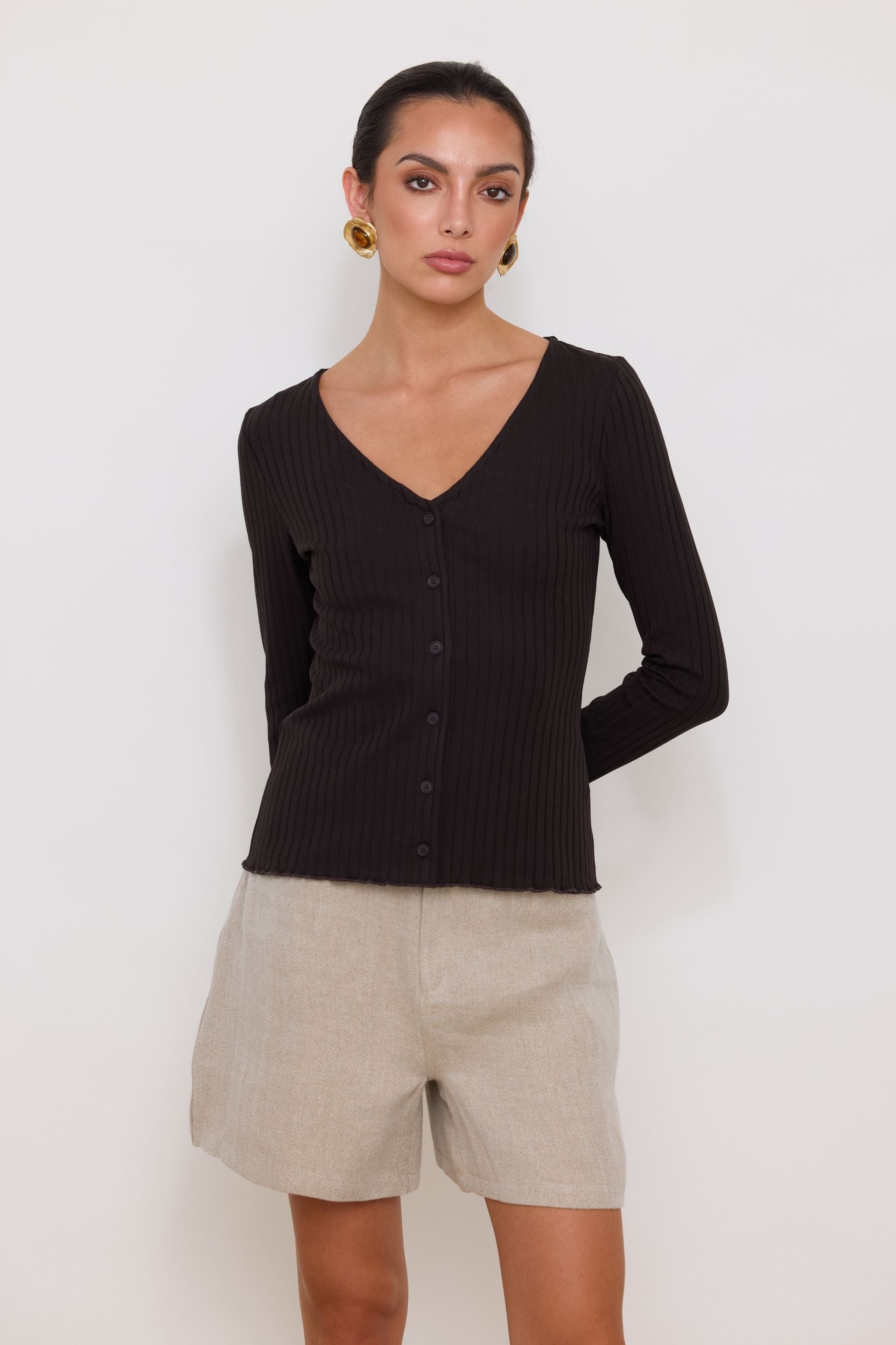 Cream V-neck button-down blouse