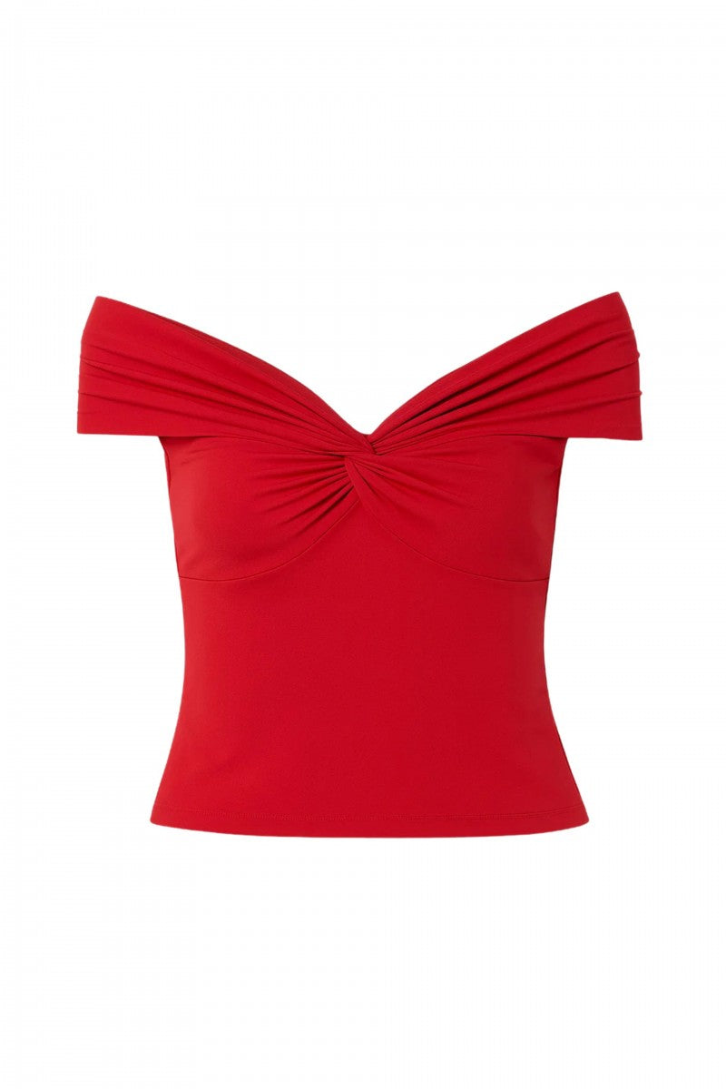 Red off-the-shoulder blouse with a roll-up