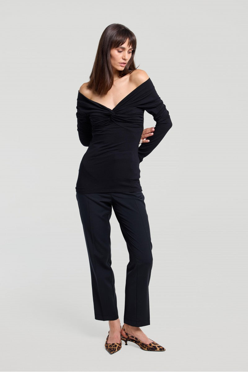 Bluzka z odkrytymi ramionami z zawinięciem i długim rękawem czarna