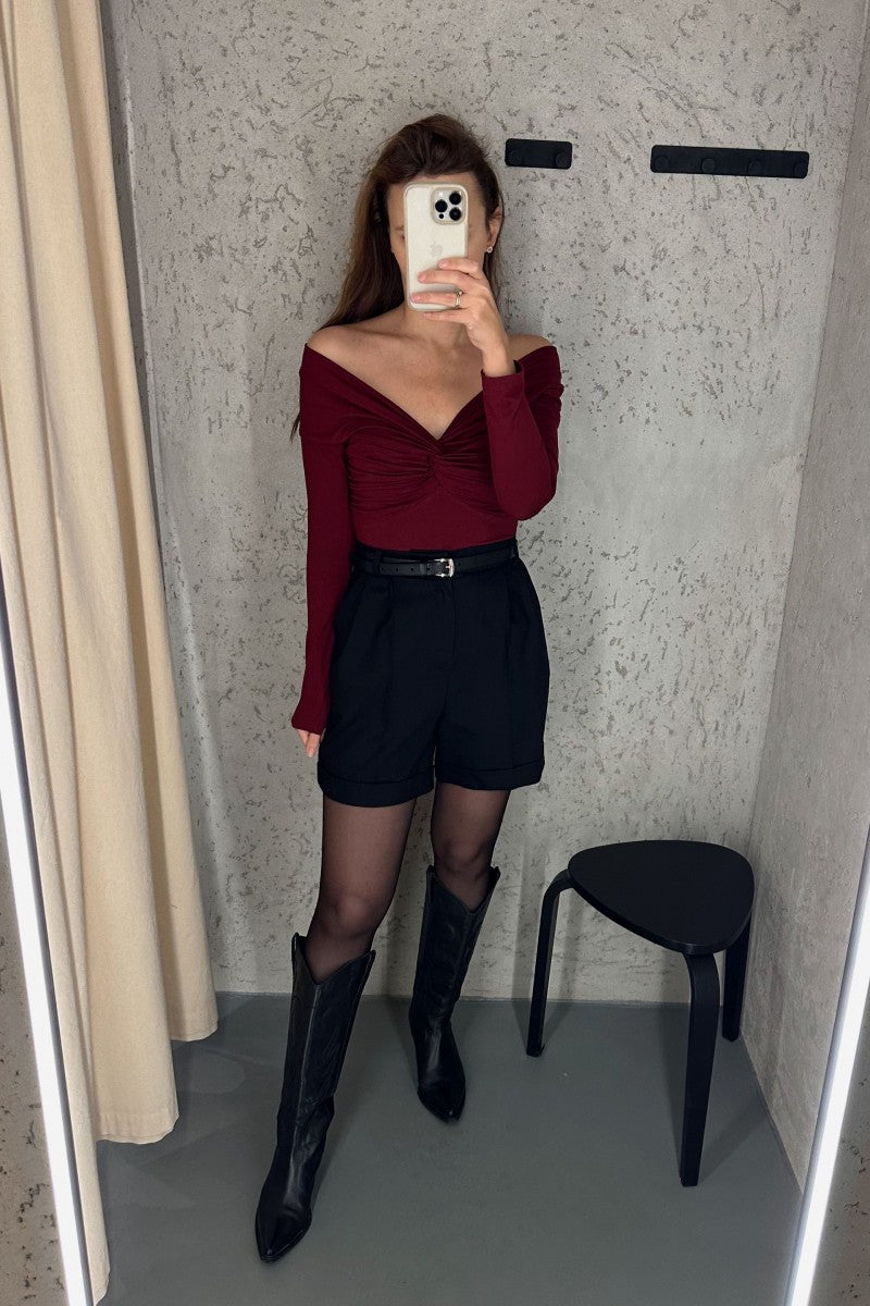 Burgundy Off-the-Shoulder Roll-Up Long Sleeve Blouse