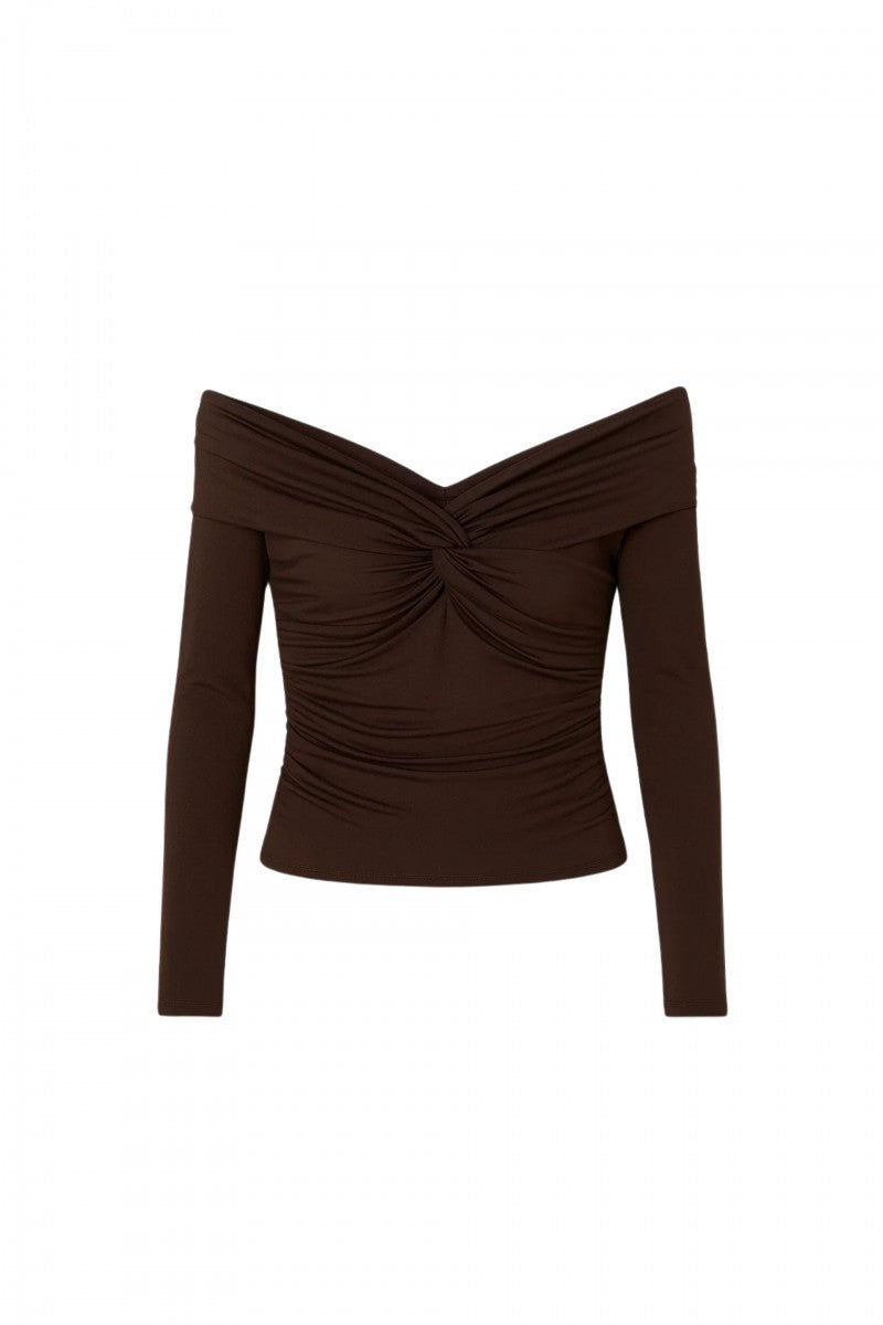 Brown off-the-shoulder blouse with long sleeves and a wrap