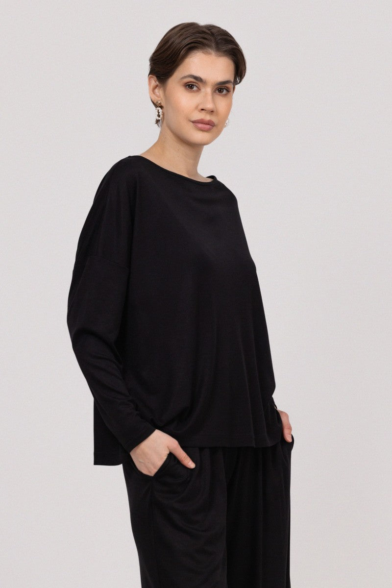 Black batwing cut bamboo blouse