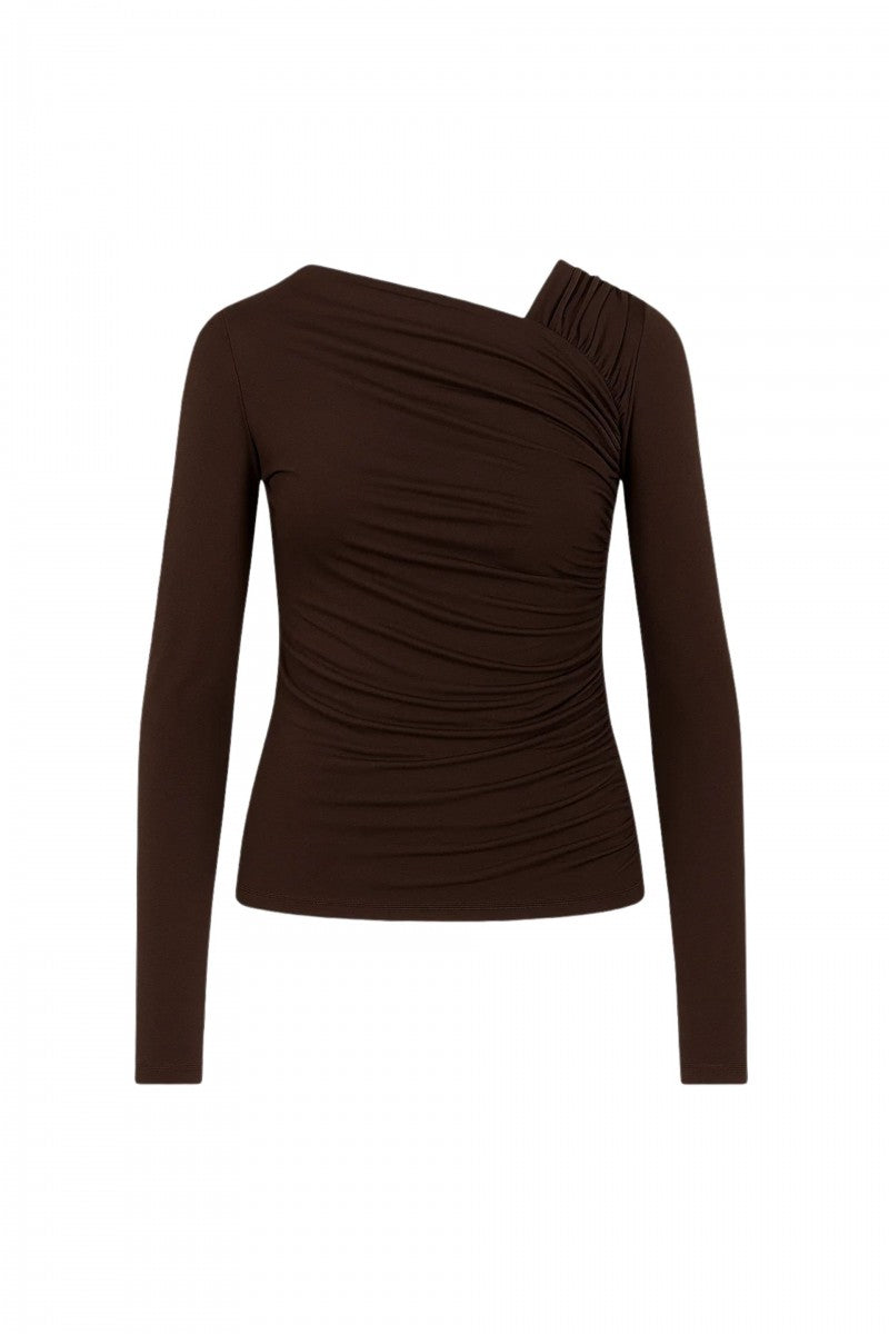 Bluzka z asymetrycznym dekoltem i drapowaniem z długim rękawem brązowa