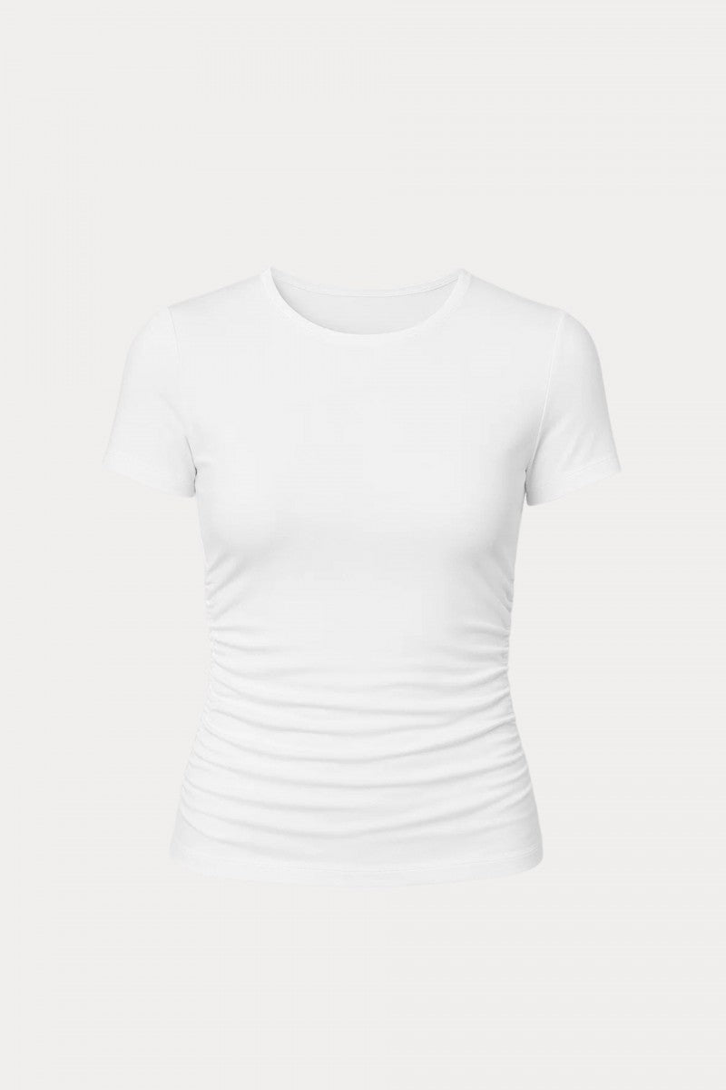 Bluzka z krótkim rękawem z drapowaniem po bokach śmietankowa biała