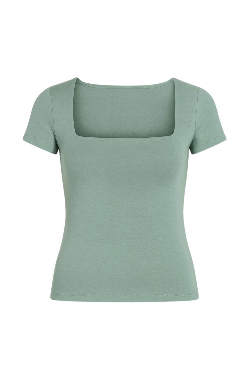 Sage blouse with a square neckline and short sleeves