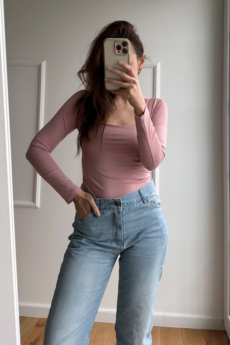 Bluzka z kwadratowym dekoltem pudrowy róż