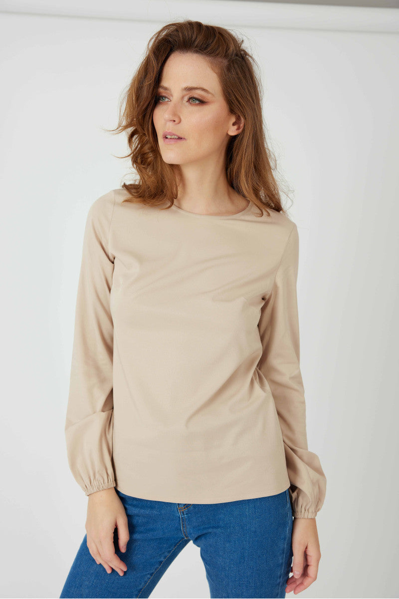 Bluzka z wiskozy z gumką na rękawie beżowa