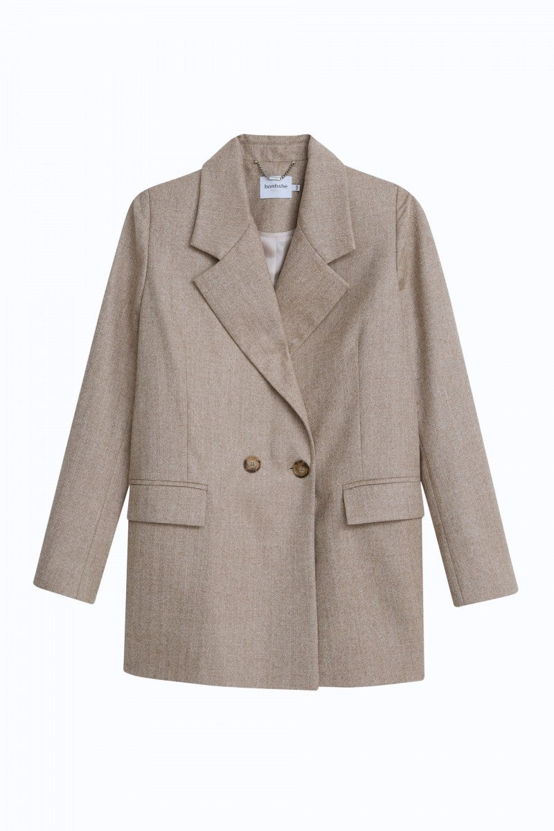 Dwurzędowa marynarka z wełny merino w jodełkę beżowa