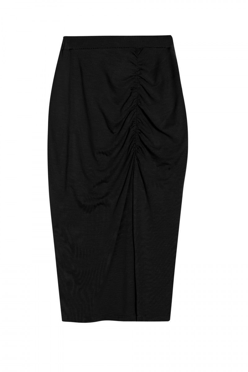 Knitted midi skirt with gathers, black