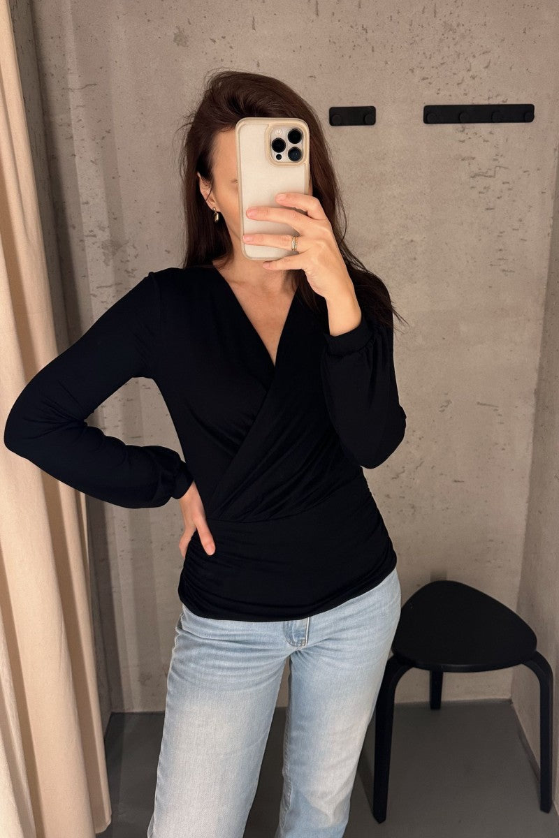 Elegant black micromodal wrap blouse