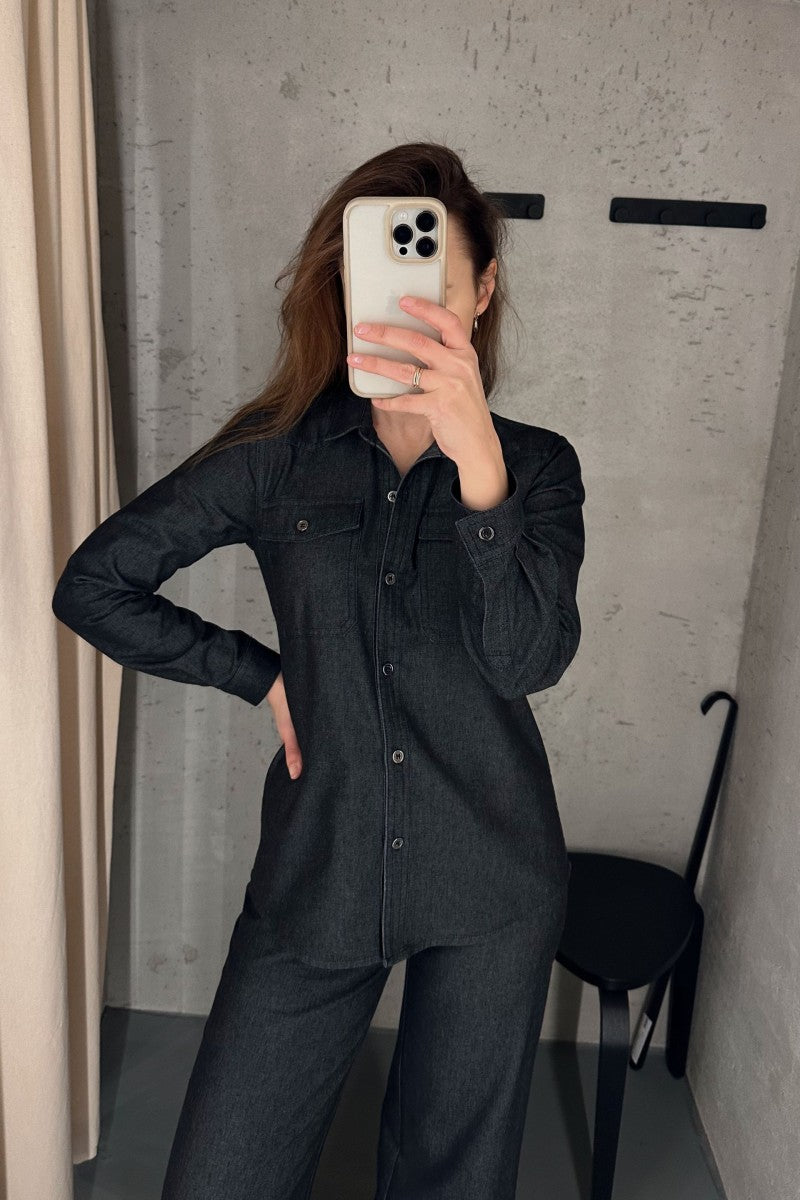 Denim shirt with pockets, dark anthracite