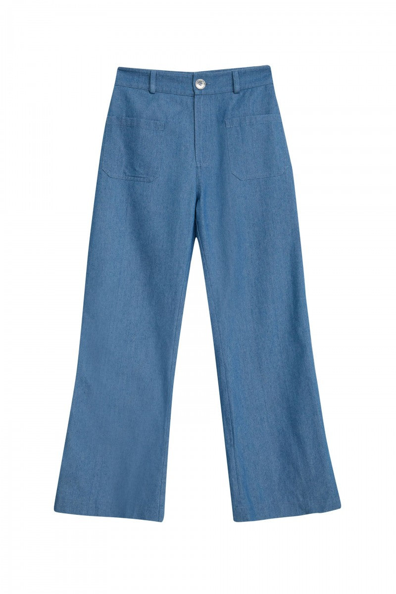 Navy blue denim trousers with patch pockets