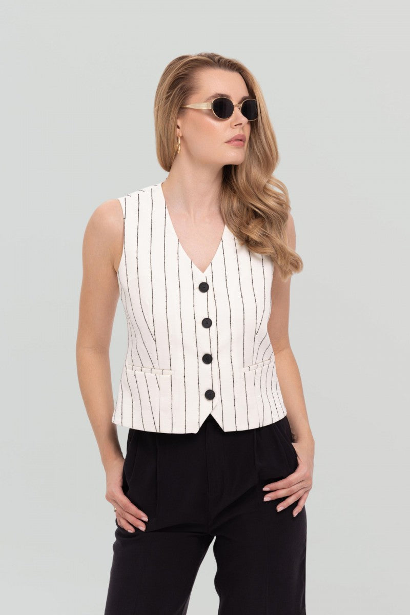 Kamizelka w paski z lyocellu i bawełny biała
