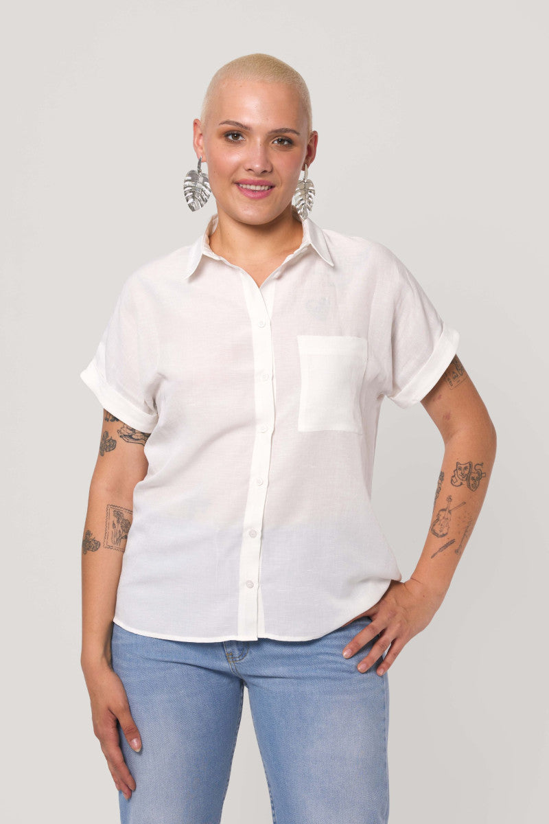 Koszula z krótkim rękawem z rayonu i lnu biała