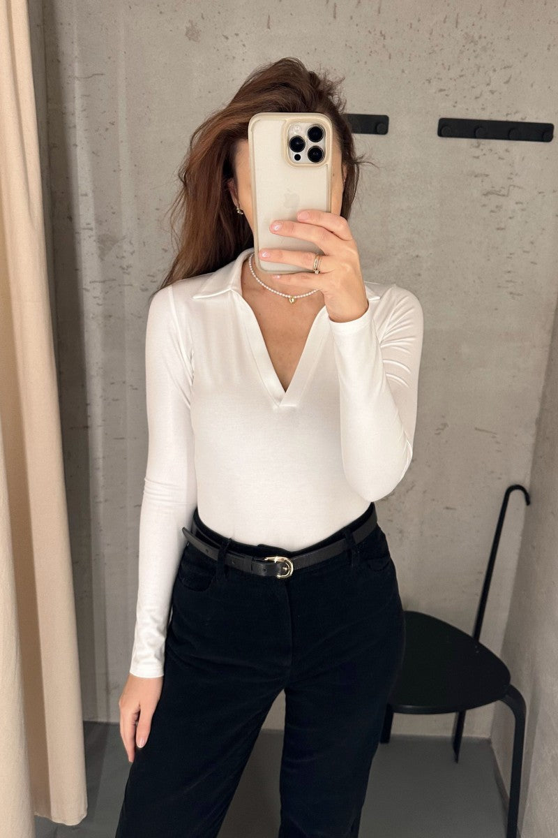 Bluzka polo z długim rękawem śmietankowa biel