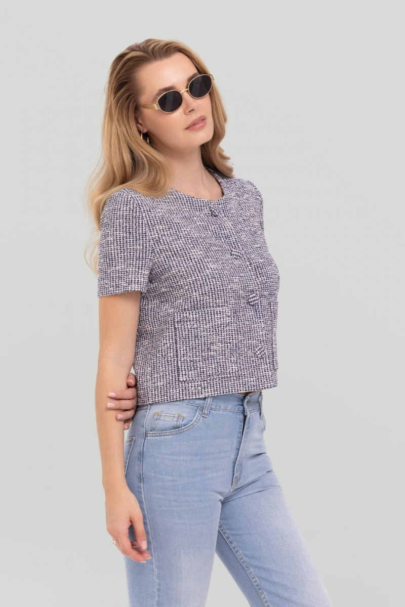 Blue short-sleeved bouclé jacket