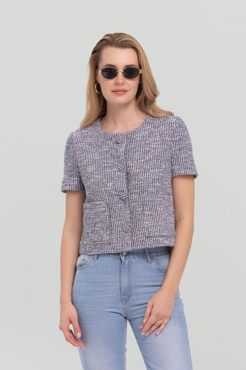 Żakiet boucle z krótkim rękawem niebieski