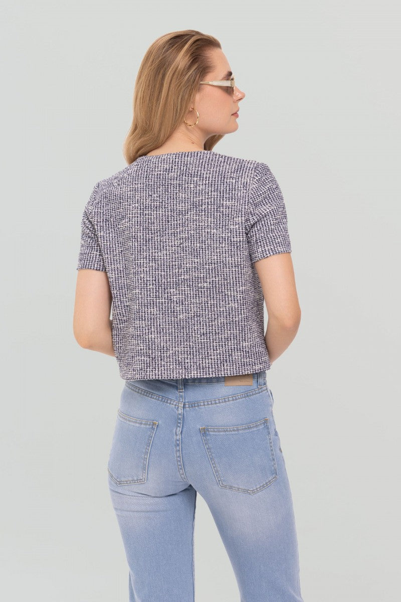 Blue short-sleeved bouclé jacket