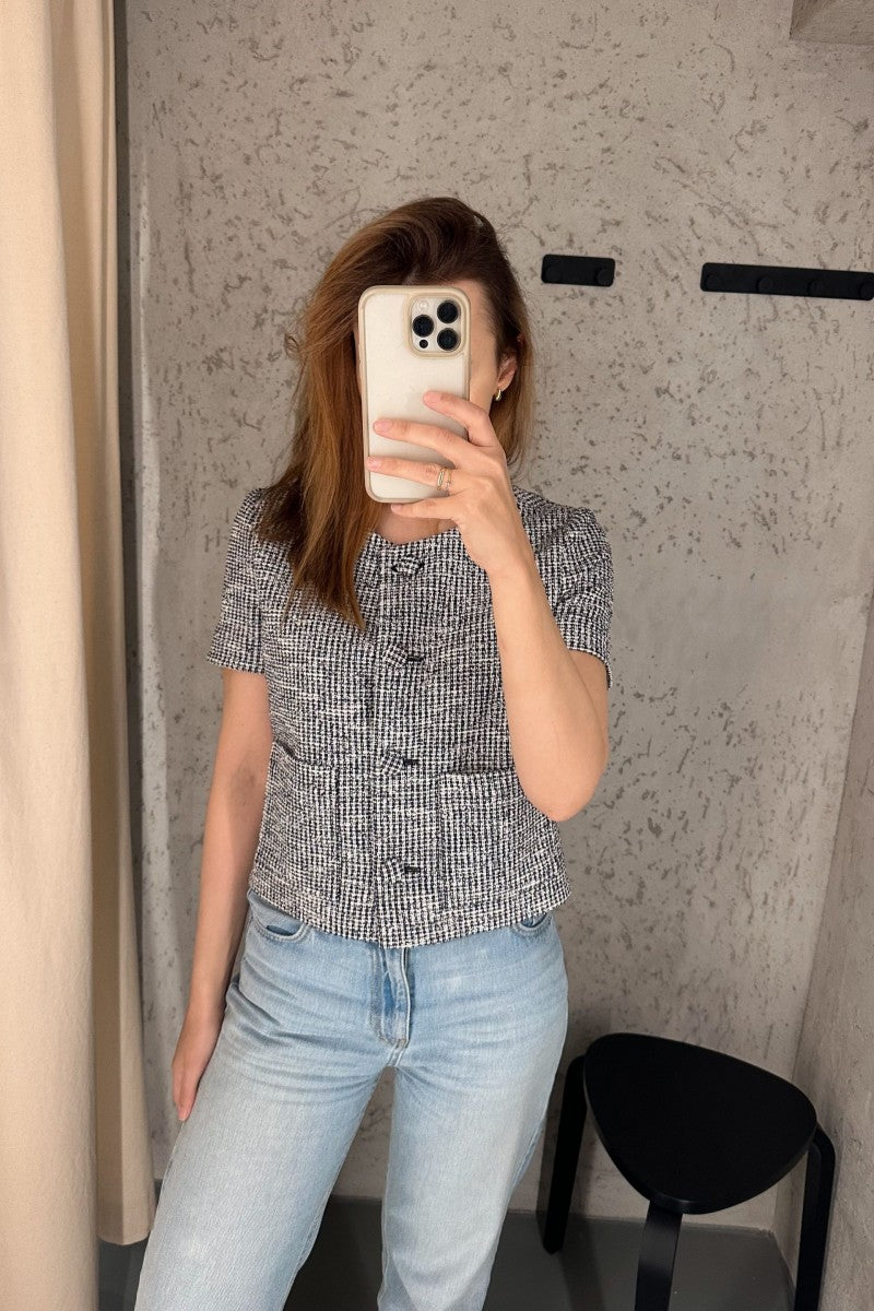 Blue short-sleeved bouclé jacket