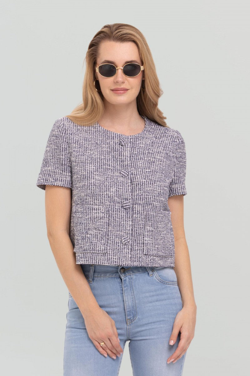 Żakiet boucle z krótkim rękawem niebieski