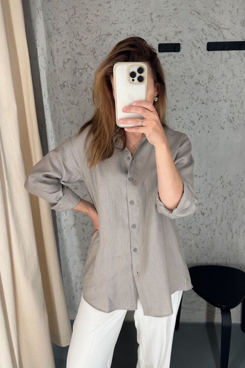 Lniana luźna koszula taupe