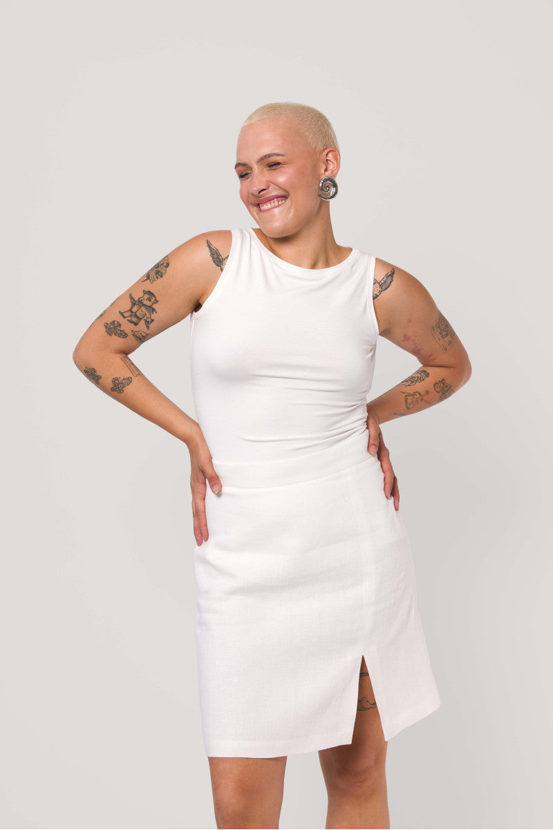 White linen skirt with a slit