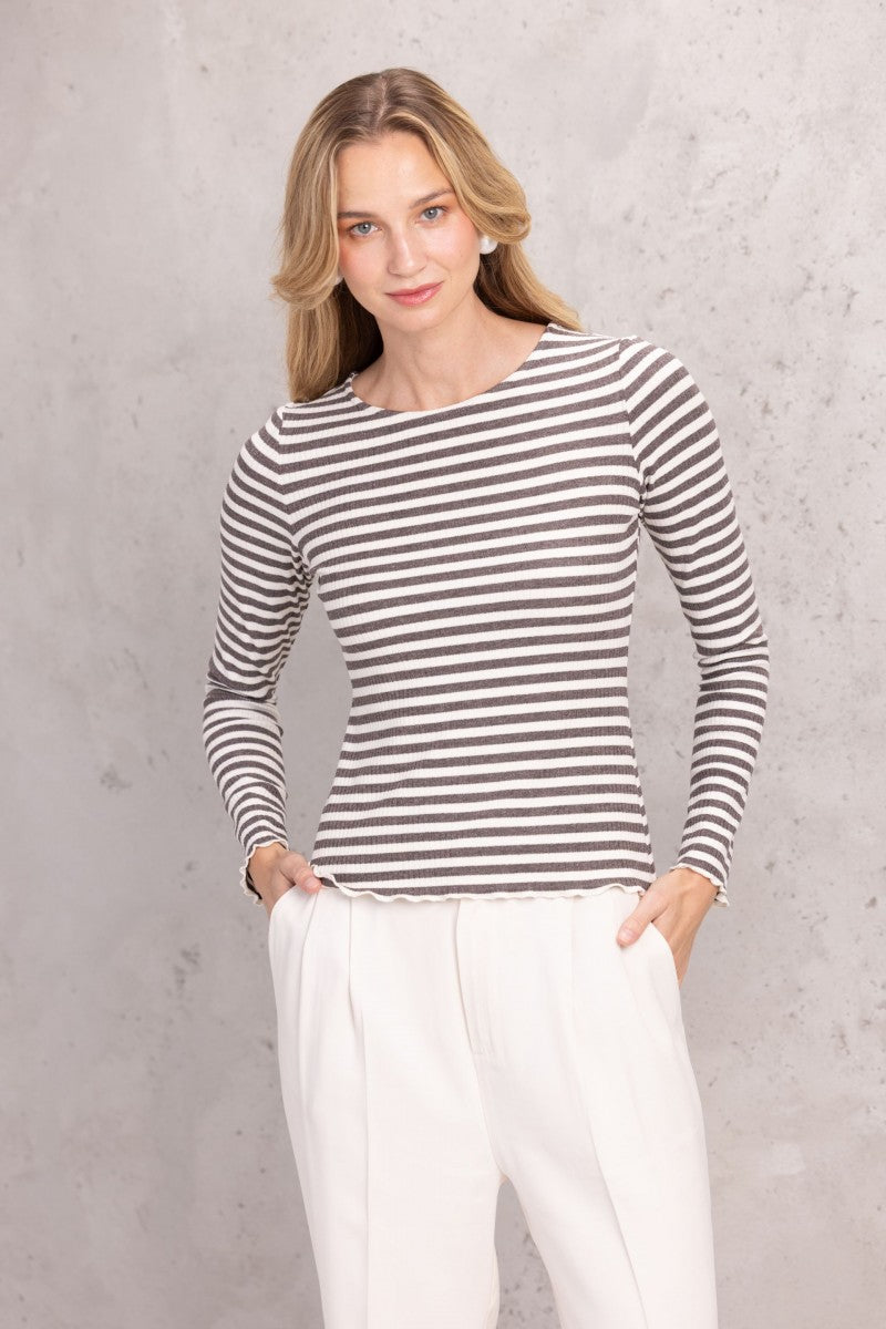 Longsleeve w paski o prążkowanej strukturze biało-beżowy