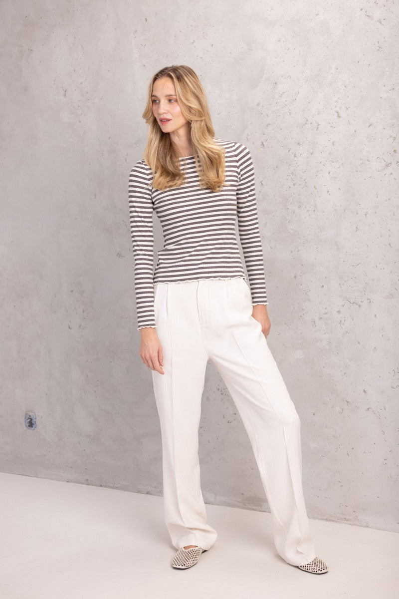 Longsleeve w paski o prążkowanej strukturze biało-beżowy