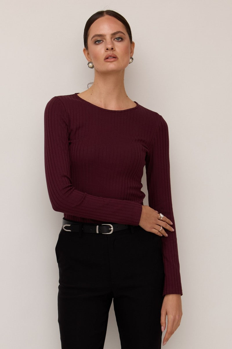 Longsleeve w szerszy prążek wiśniowy