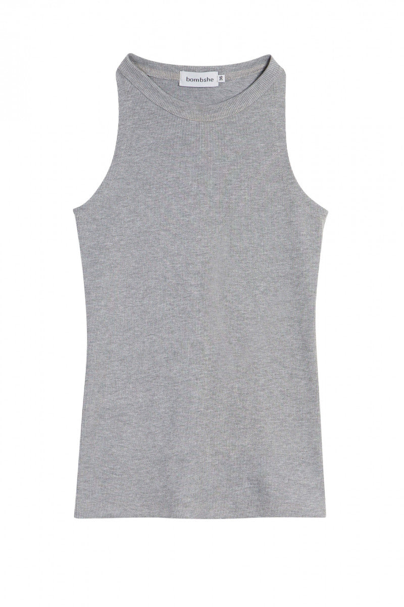 Prążkowany top z dekoltem halter melanż szary