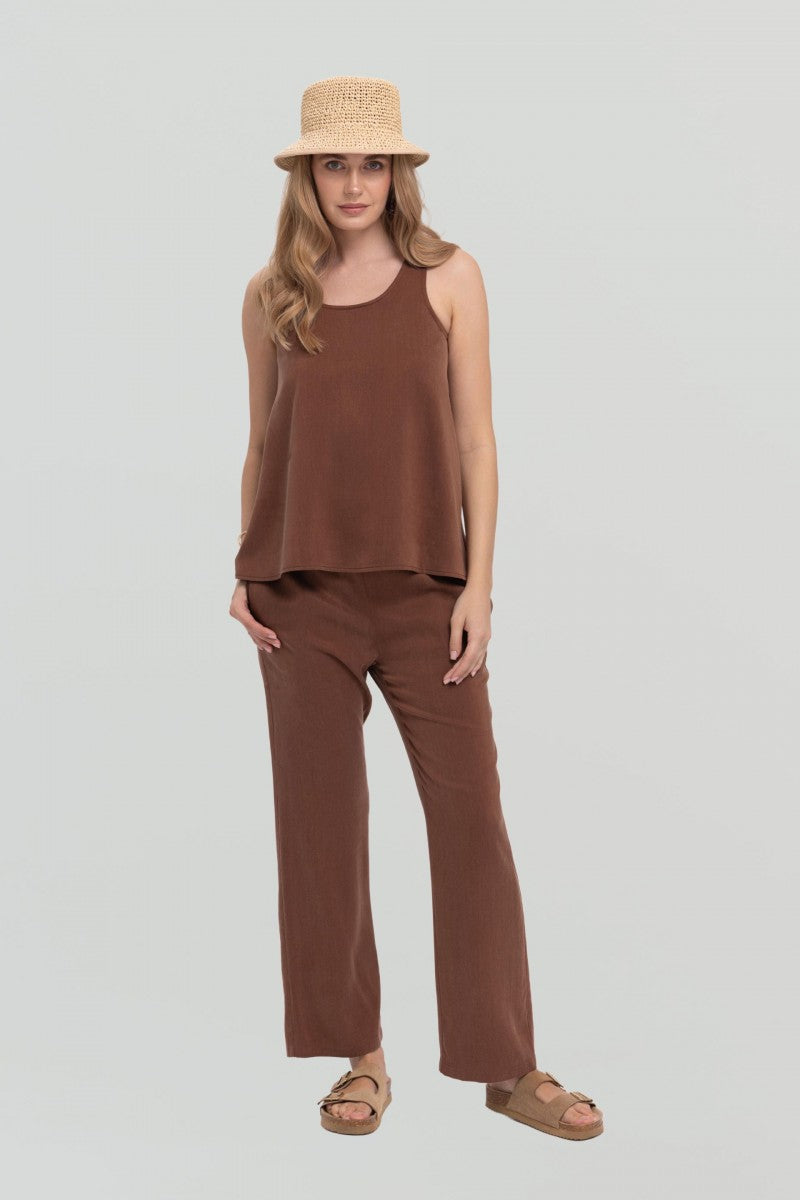 Proste spodnie na gumie z troczkami głęboki brązowe