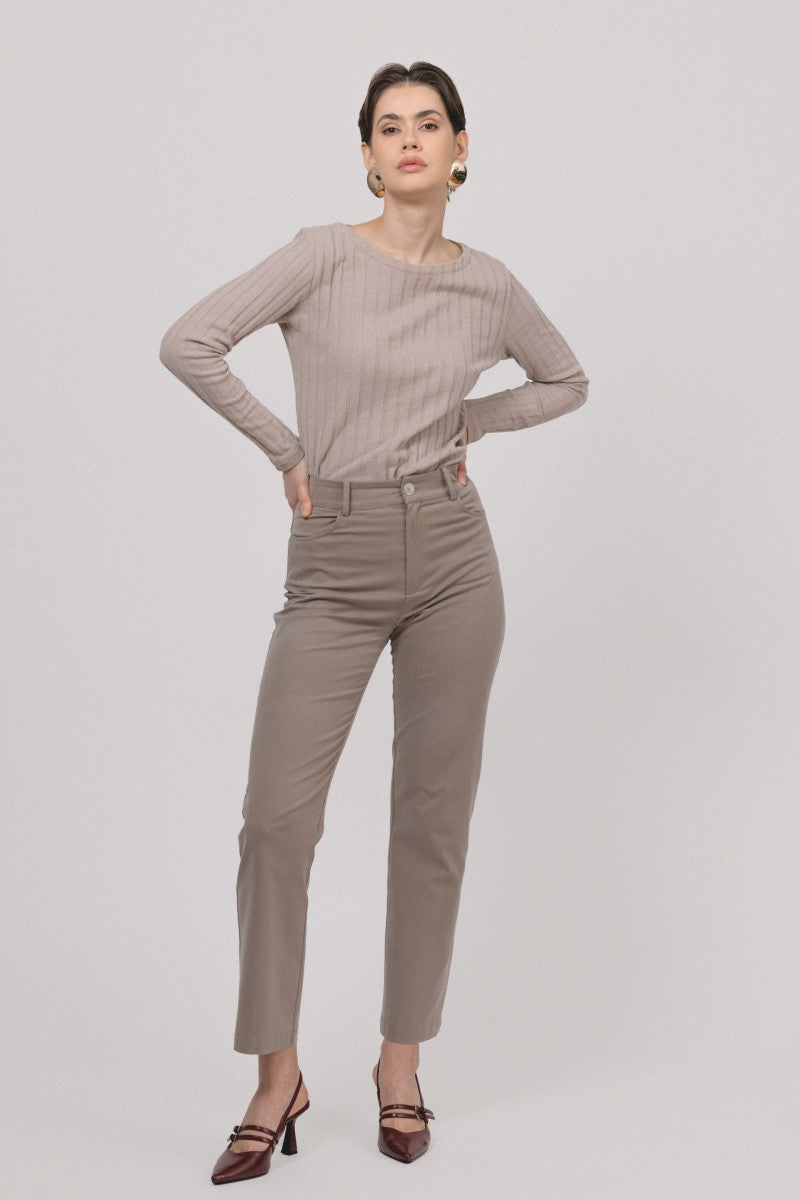 Straight trousers in lyocell and taupe cotton