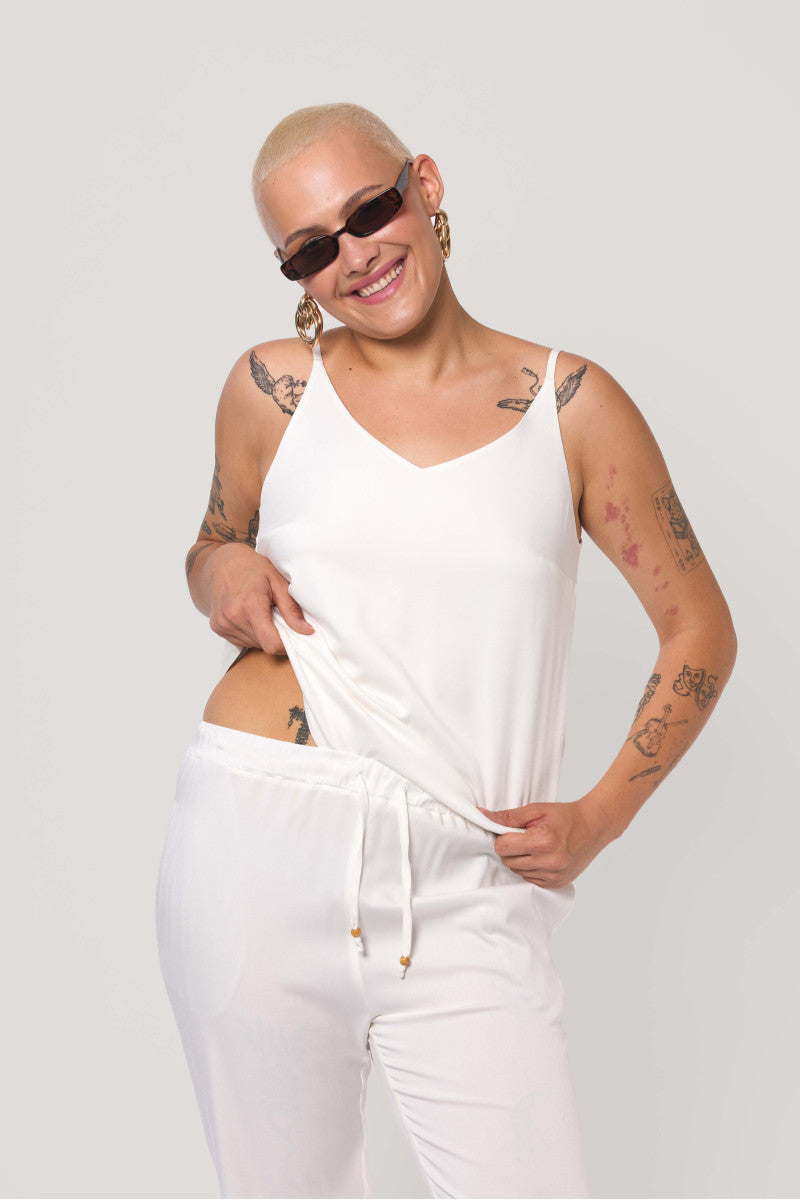 Cream viscose straight trousers with ties